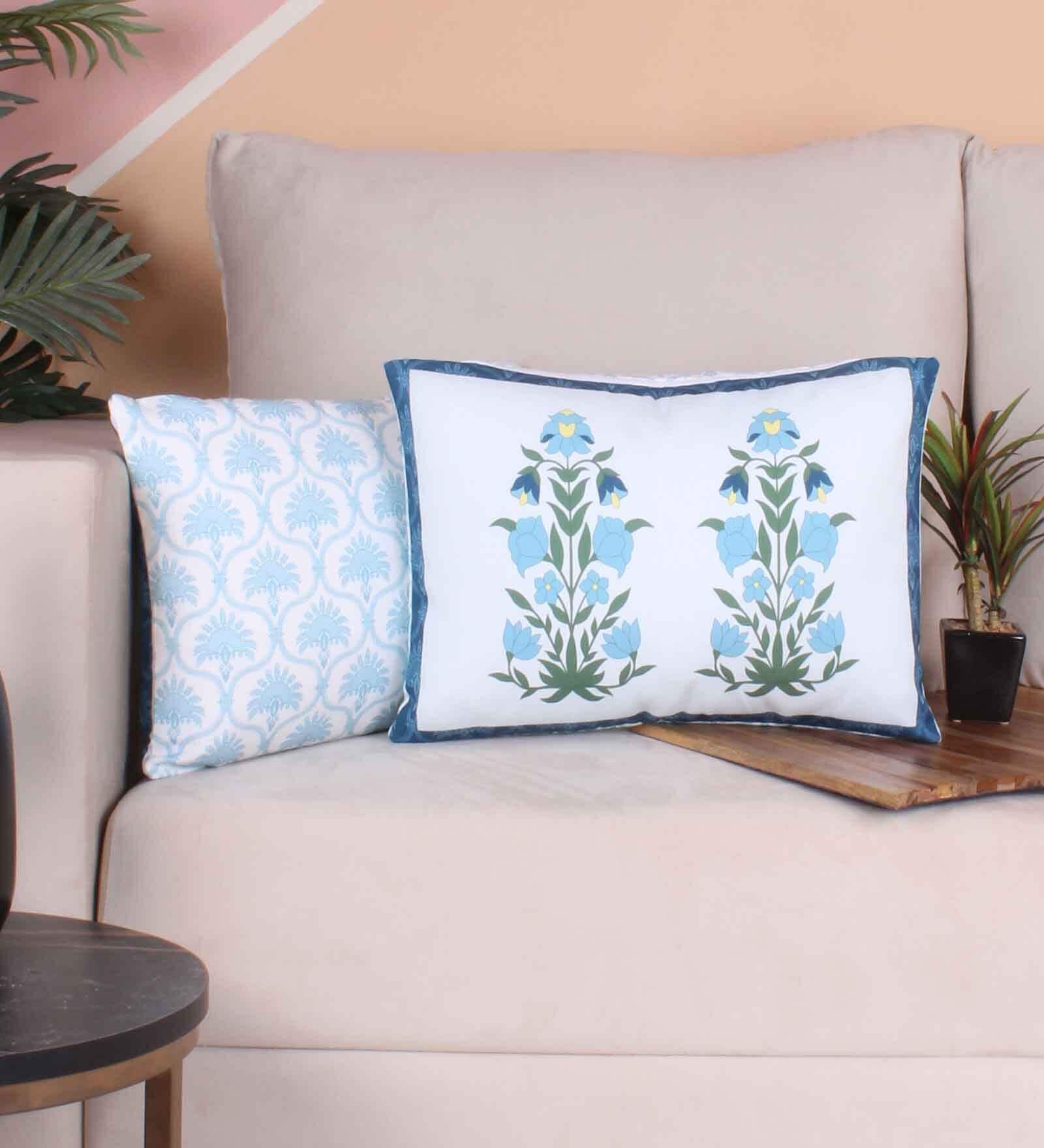 Blue Polycotton Floral 12x18 inches Cushion Covers (Pack of 2)