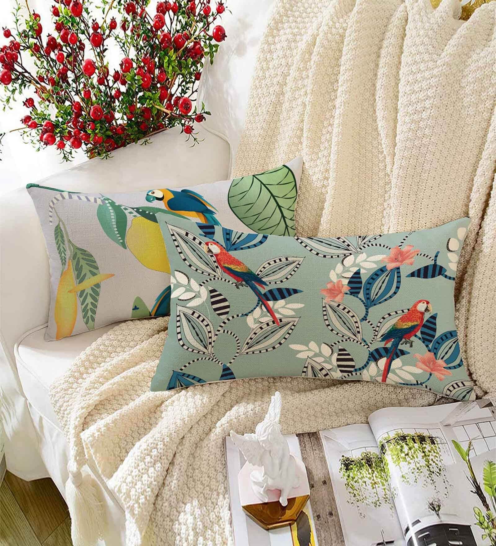 Blue Polycotton Floral 12x18 inches Cushion Covers (Pack of 2)