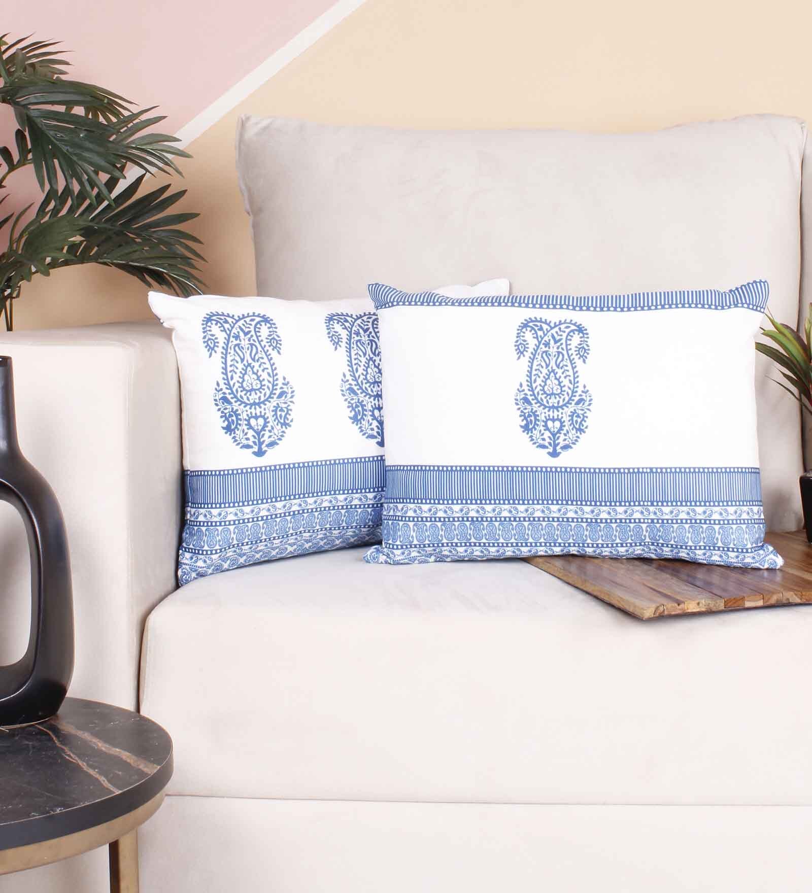 Blue Polycotton Floral 12x18 inches Cushion Covers (Pack of 2)