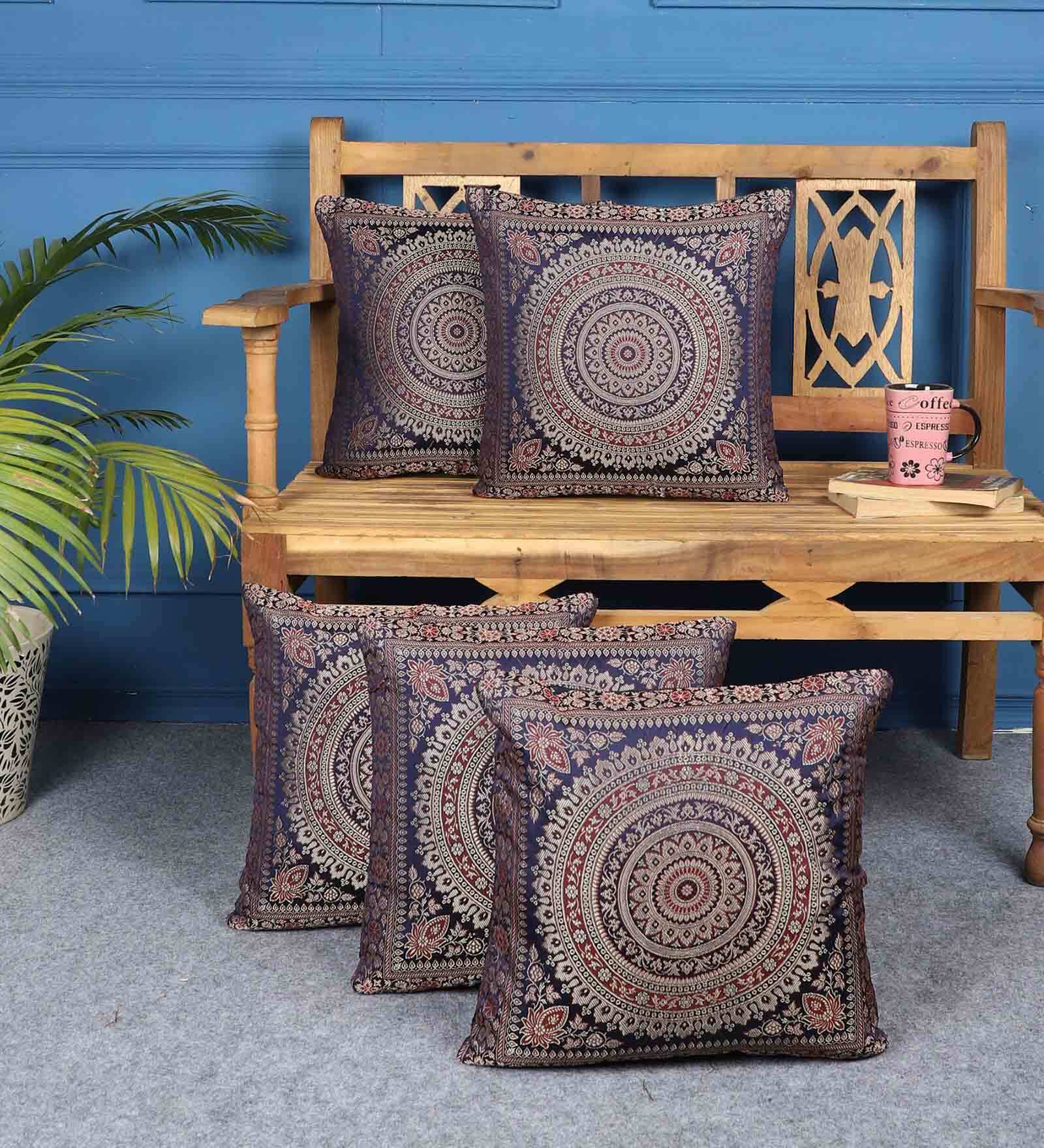 Blue Traditional Poly Cotton 16 x 16 Inches Cushion Covers (Set of 5)