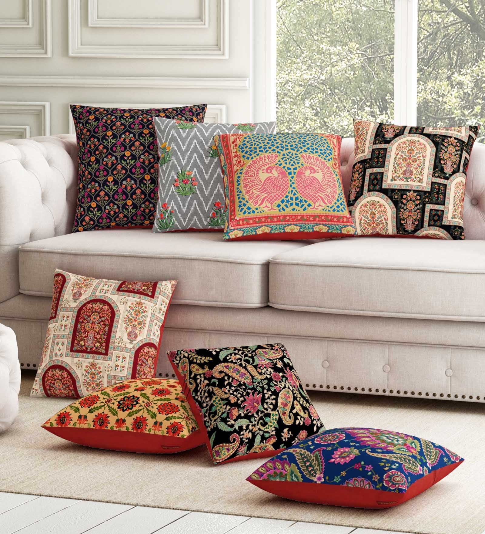 Blue Floral PolyCotton 16 x 16 Inches Cushion Covers (Set of 8)