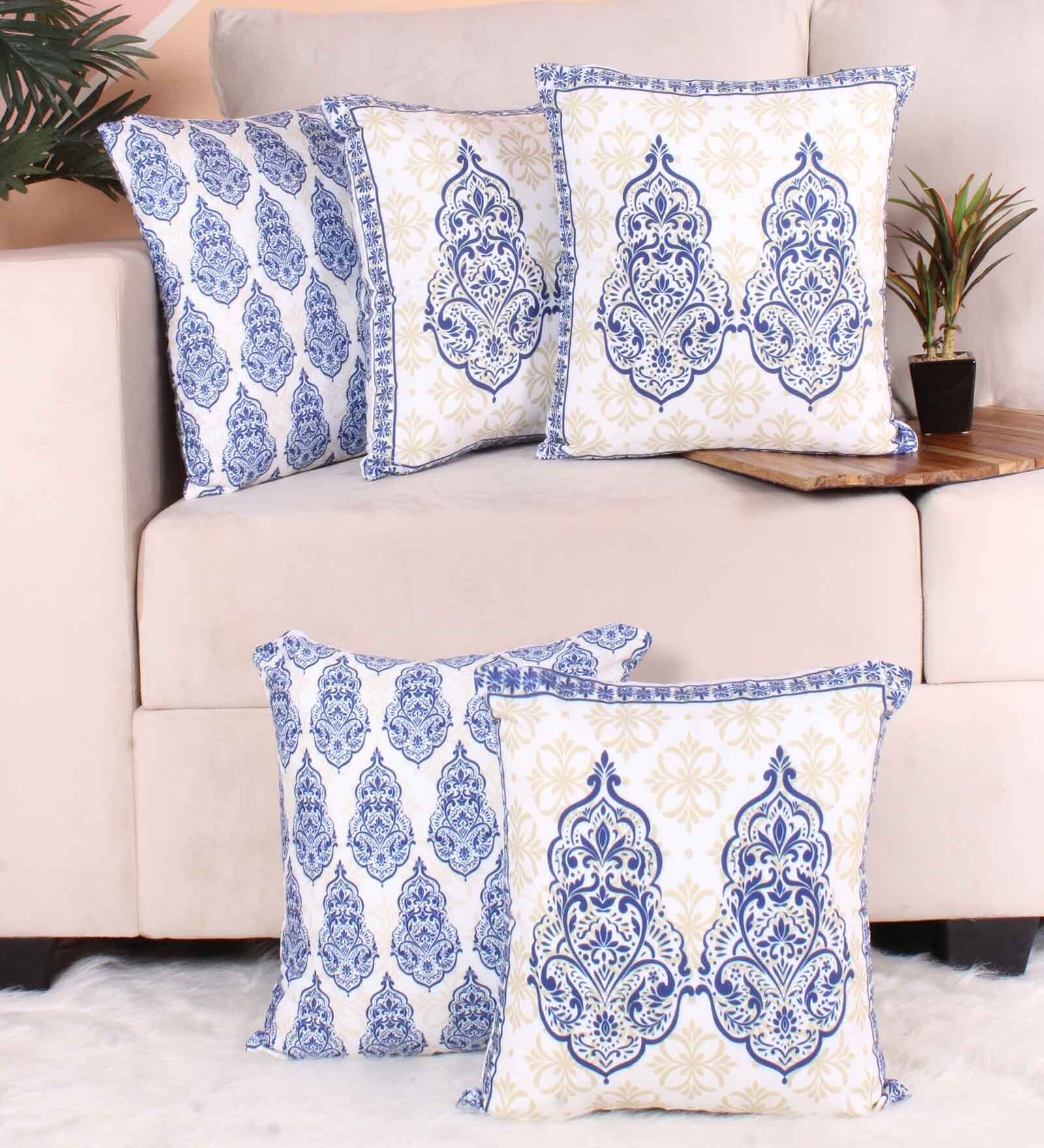 Blue Polycotton Floral 16x16 inches Cushion Covers (Pack of 5)
