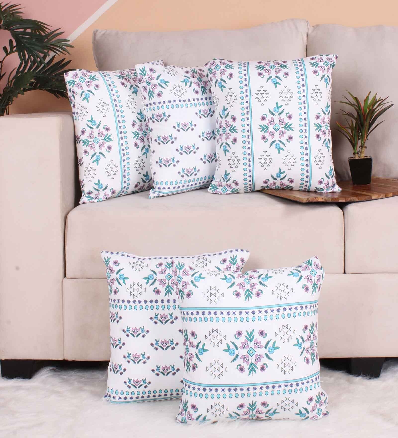 Blue Polycotton Floral 16x16 inches Cushion Covers (Pack of 5)