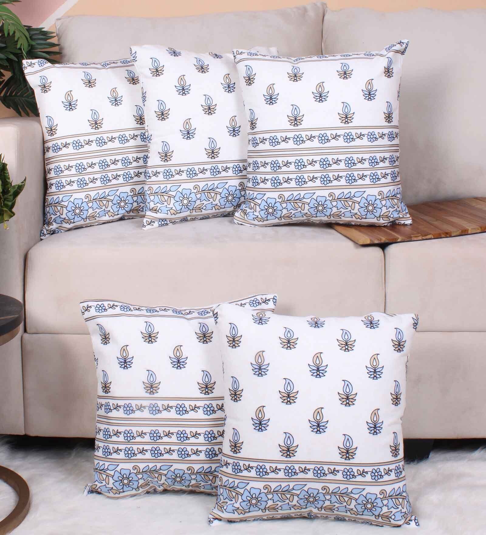 Blue Polycotton Floral 16x16 inches Cushion Covers (Pack of 5)