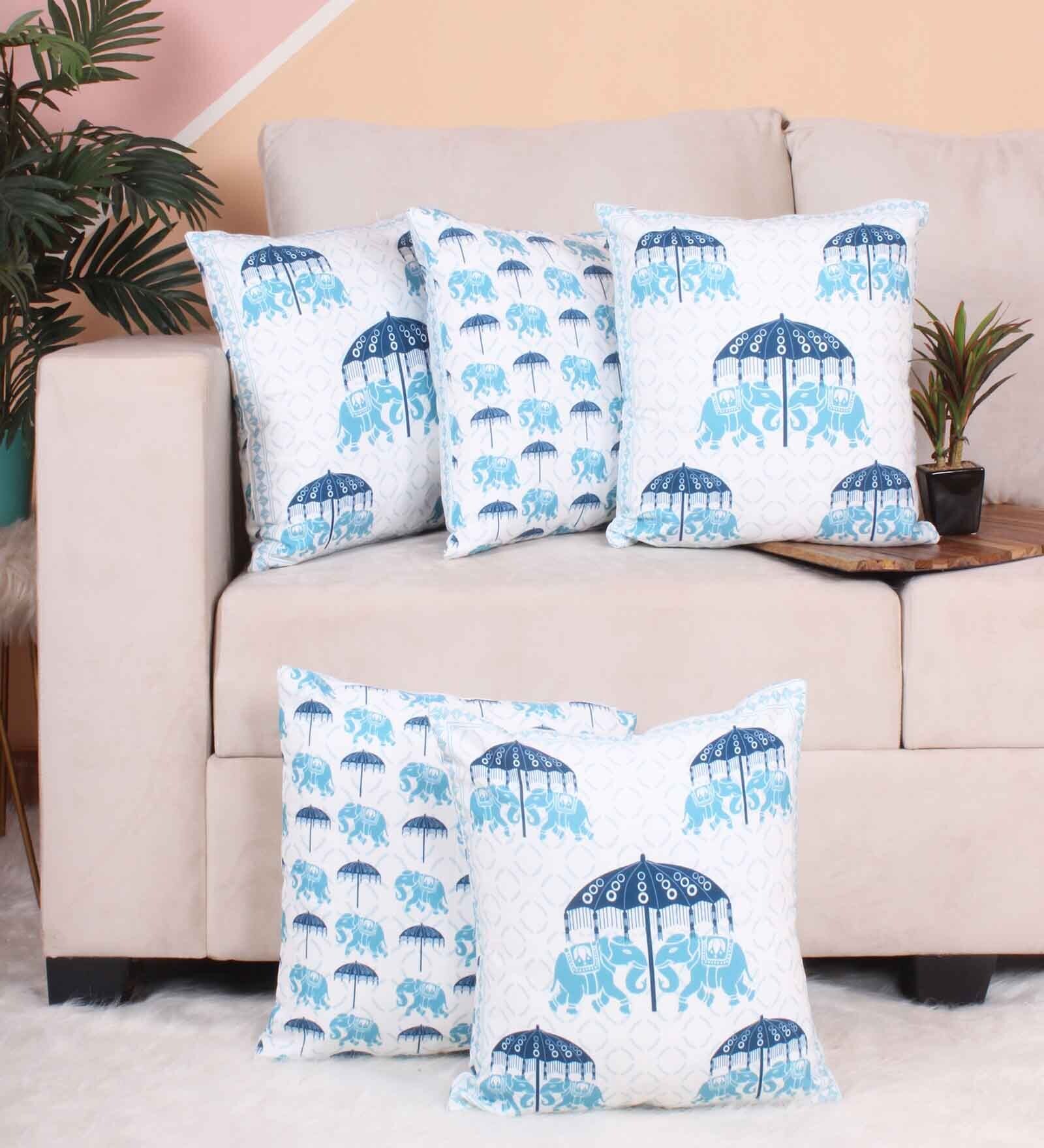 Blue Polycotton Floral 16x16 inches Cushion Covers (Pack of 5)