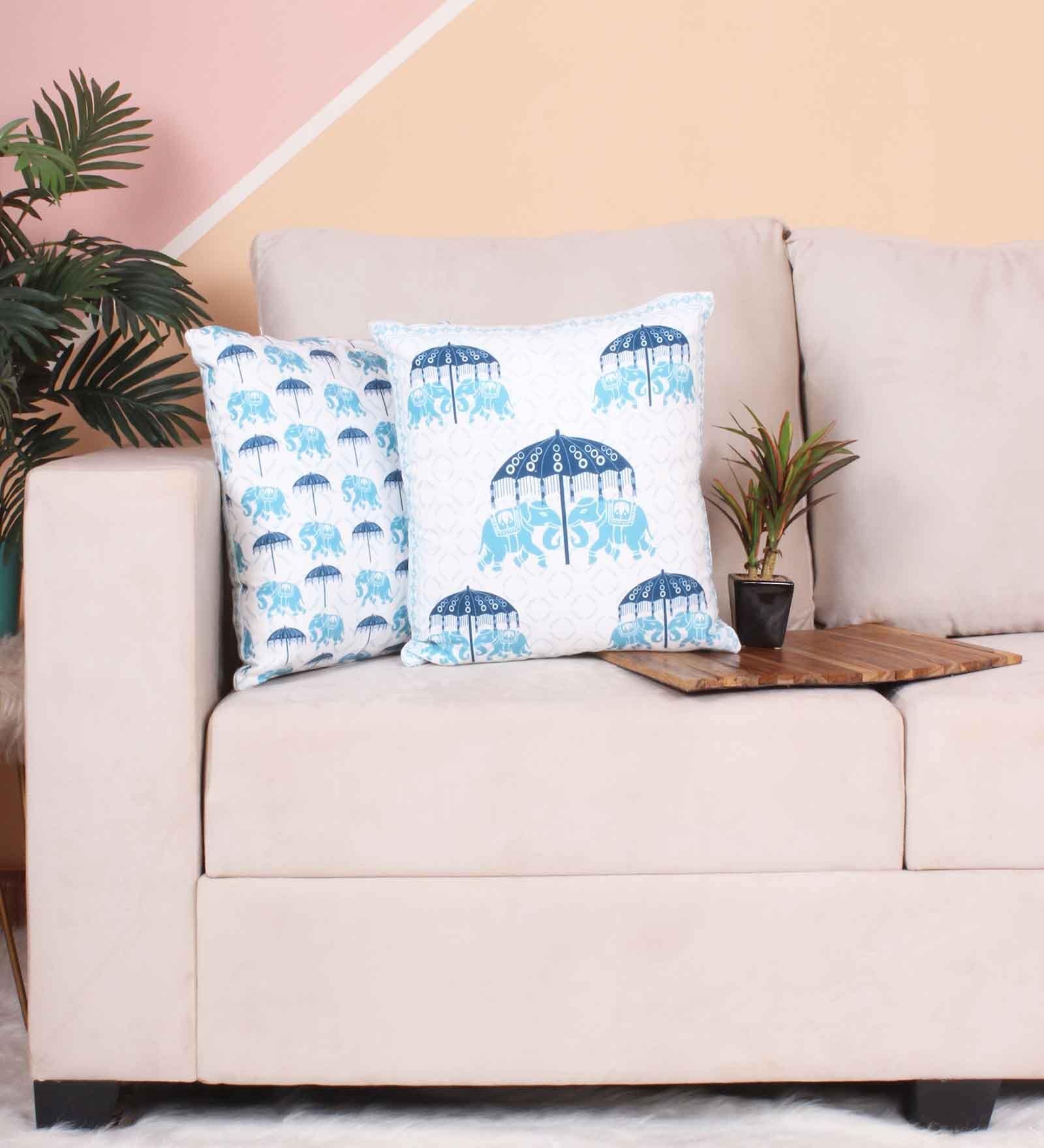 Blue Polycotton Floral 24x24 inches Cushion Covers (Pack of 2)