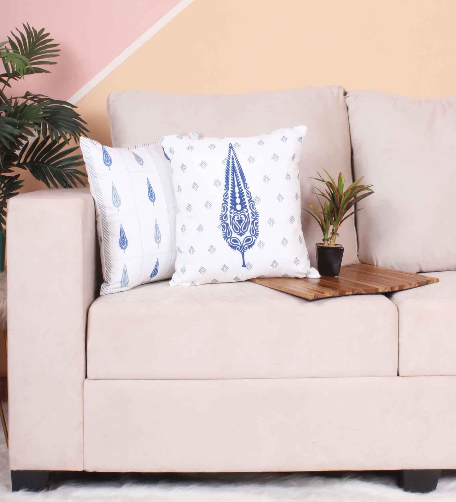 Blue Polycotton Floral 24x24 inches Cushion Covers (Pack of 2)