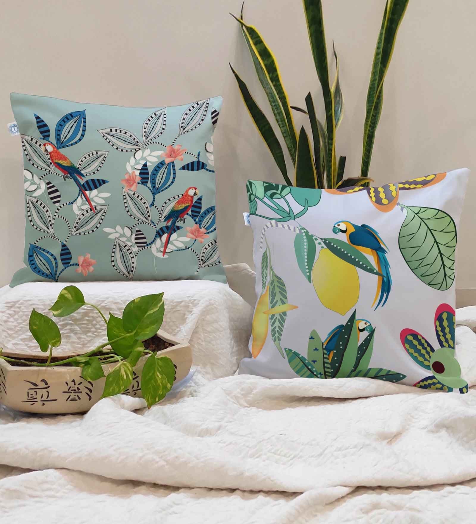 Blue Polycotton Floral 24x24 inches Cushion Covers (Pack of 2)