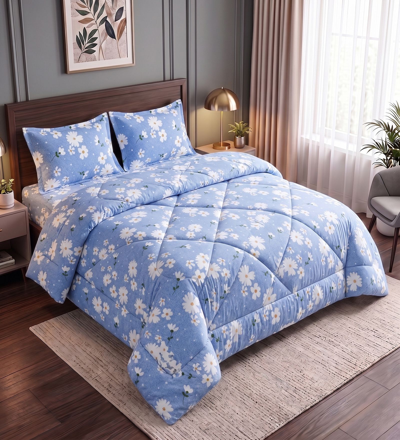 Blue Polycotton Floral 300 GSM 4pcs Comforter Set