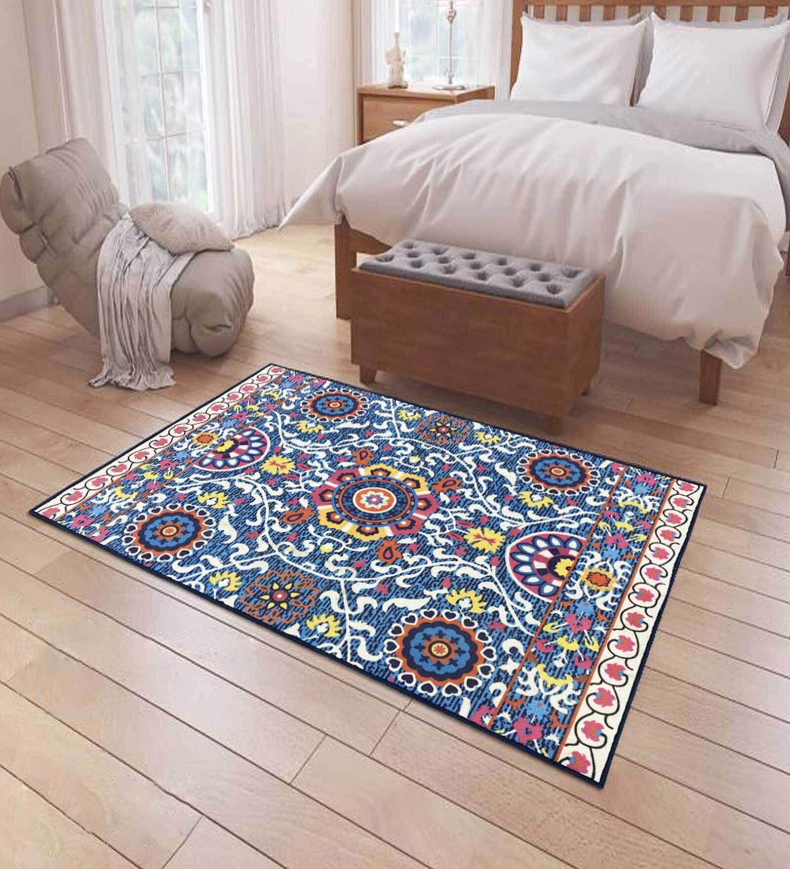 Blue Persian Polyester 5 ft x 7 ft Machine Made Carpet
