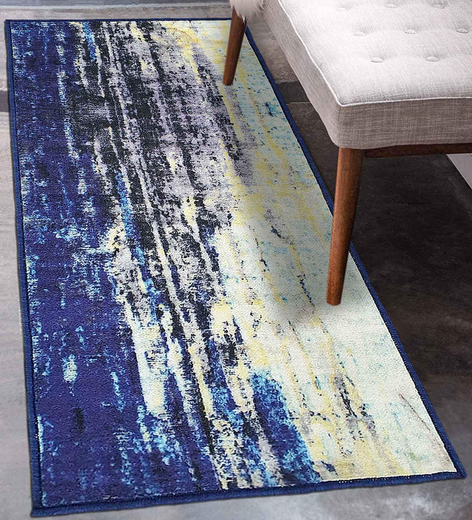 Blue Polyester 24 x 60 Inches Machine Made Floor Runner