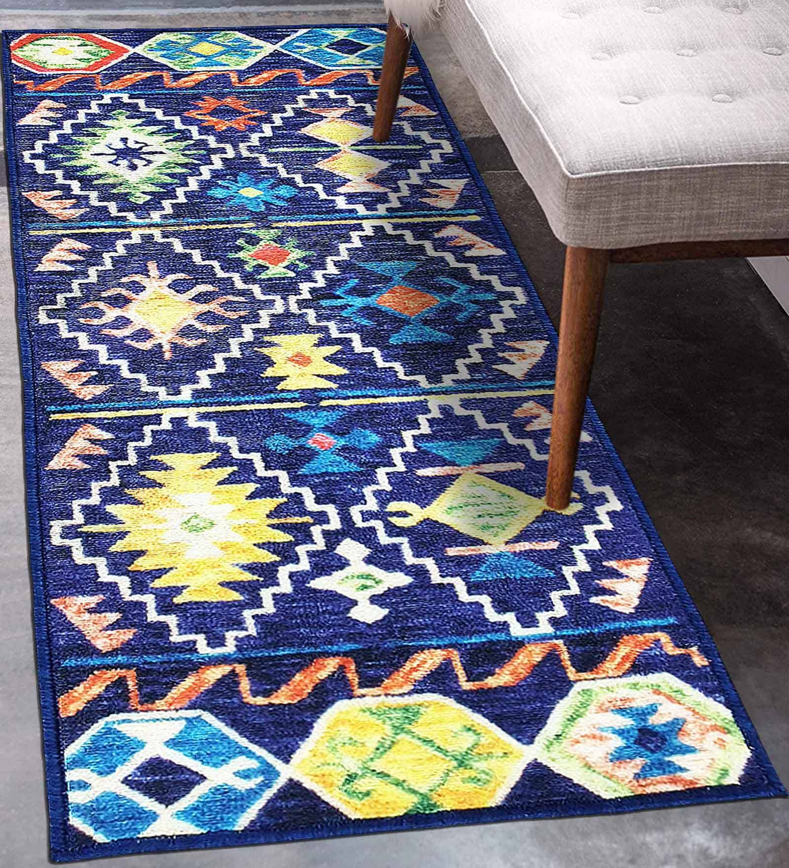 Blue Polyester 24 x 60 Inches Machine Made Floor Runner