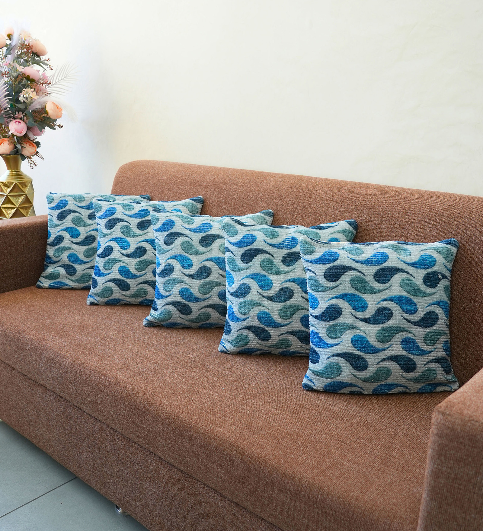 Blue Polyester Abstract 18x18 inches Cushion Covers Set of 5