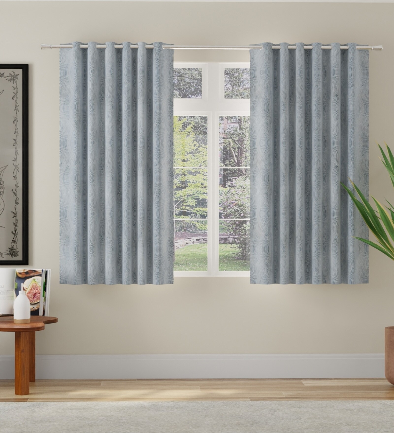Blue Polyester Abstract 5ft Room Darkening Eyelet Window Curtains (2 Pc)