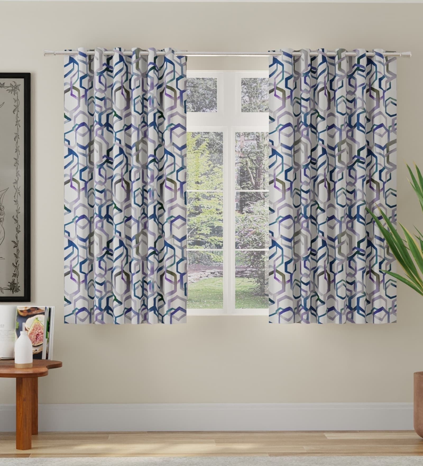 Blue Polyester Abstract 5ft Room Darkening Eyelet Window Curtains (2 Pc)