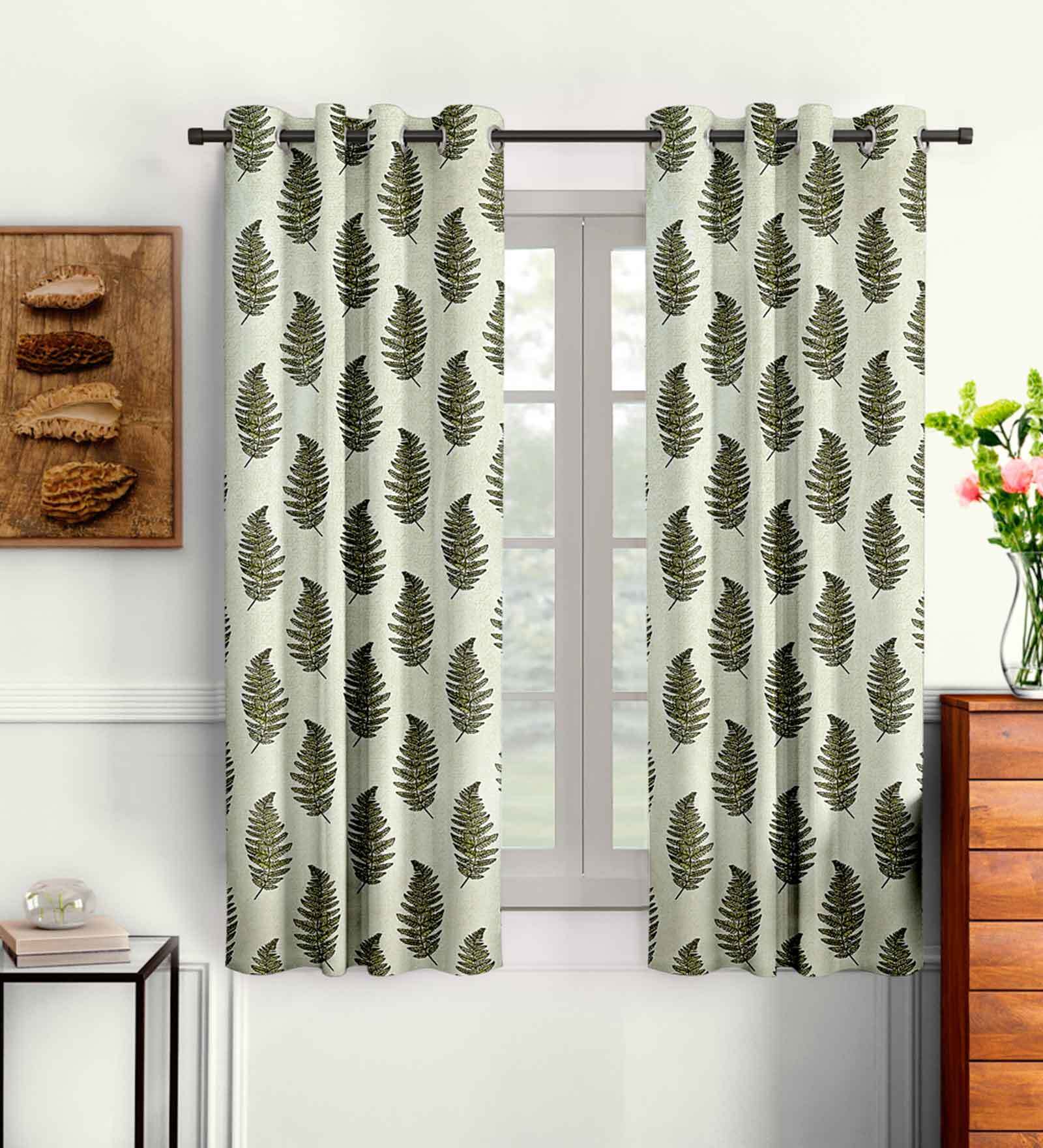 Green Floral Polyester 5 Ft Semisheer Eyelet Window Curtains (Set of 2)