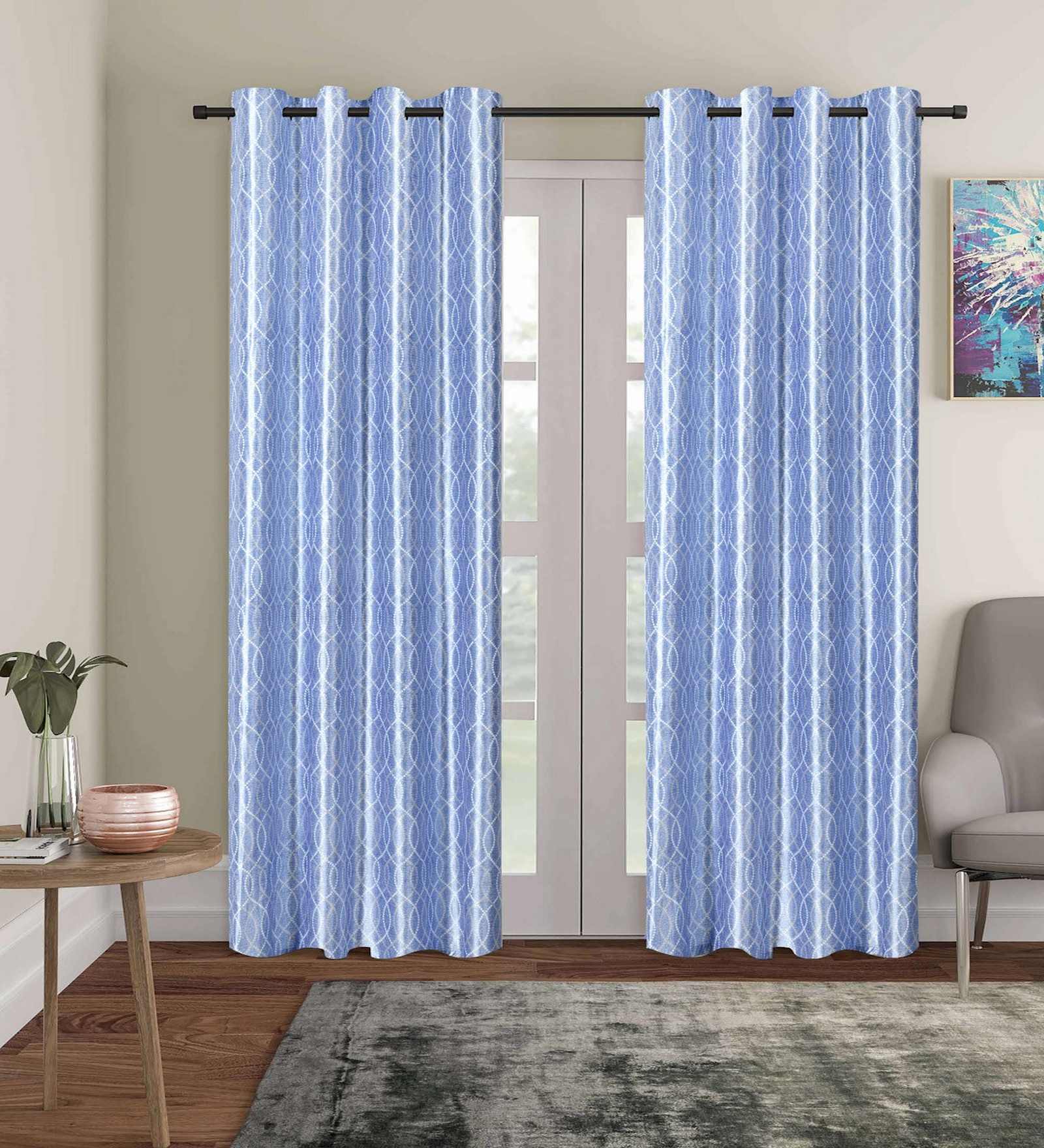 Blue Polyester Abstract 7ft Blackout Eyelet Door Curtains