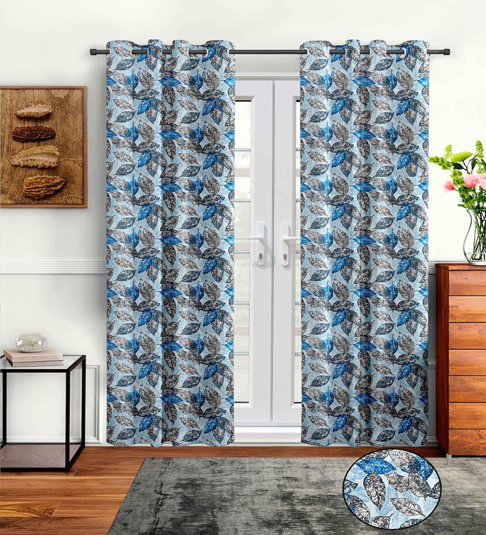 Blue Polyester Floral 7ft Semisheer Eyelet 2 Pc Door Curtains