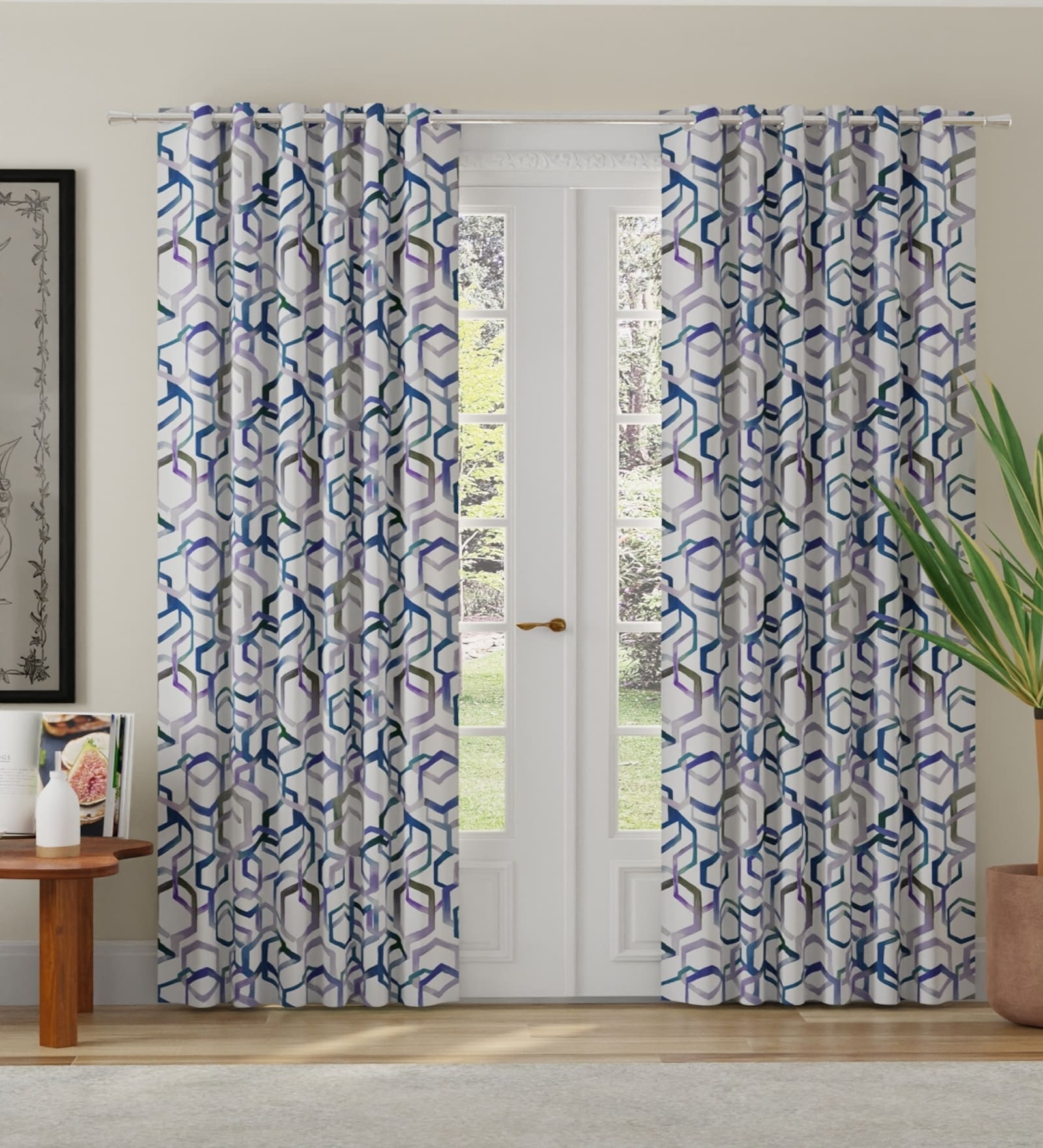 Blue Polyester Abstract 9ft Room Darkening Eyelet Long Door Curtains (2 Pc)