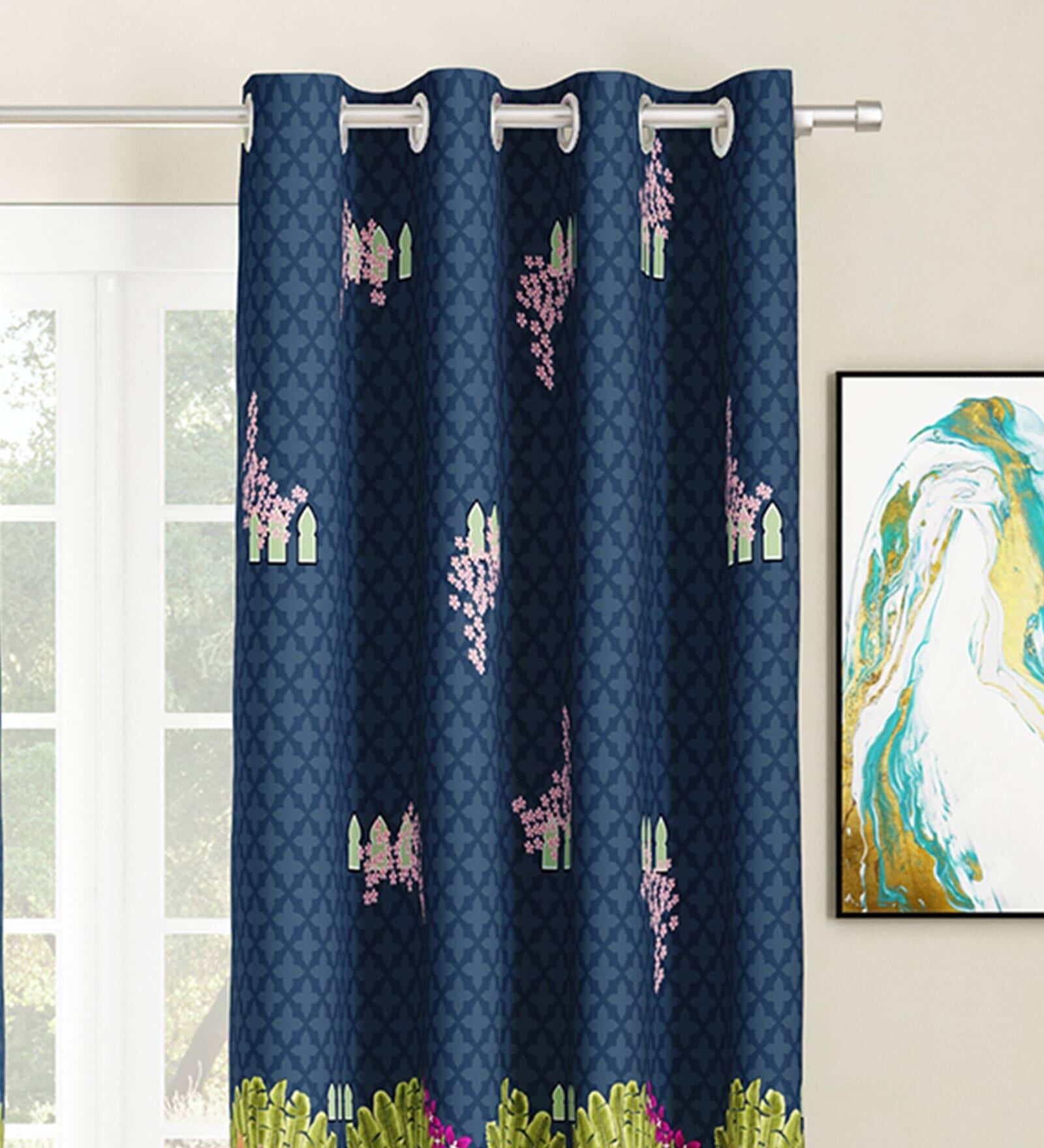 Blue Abstract Polyester 5 Ft Light Filtering Eyelet Window Curtains (Set of 2)