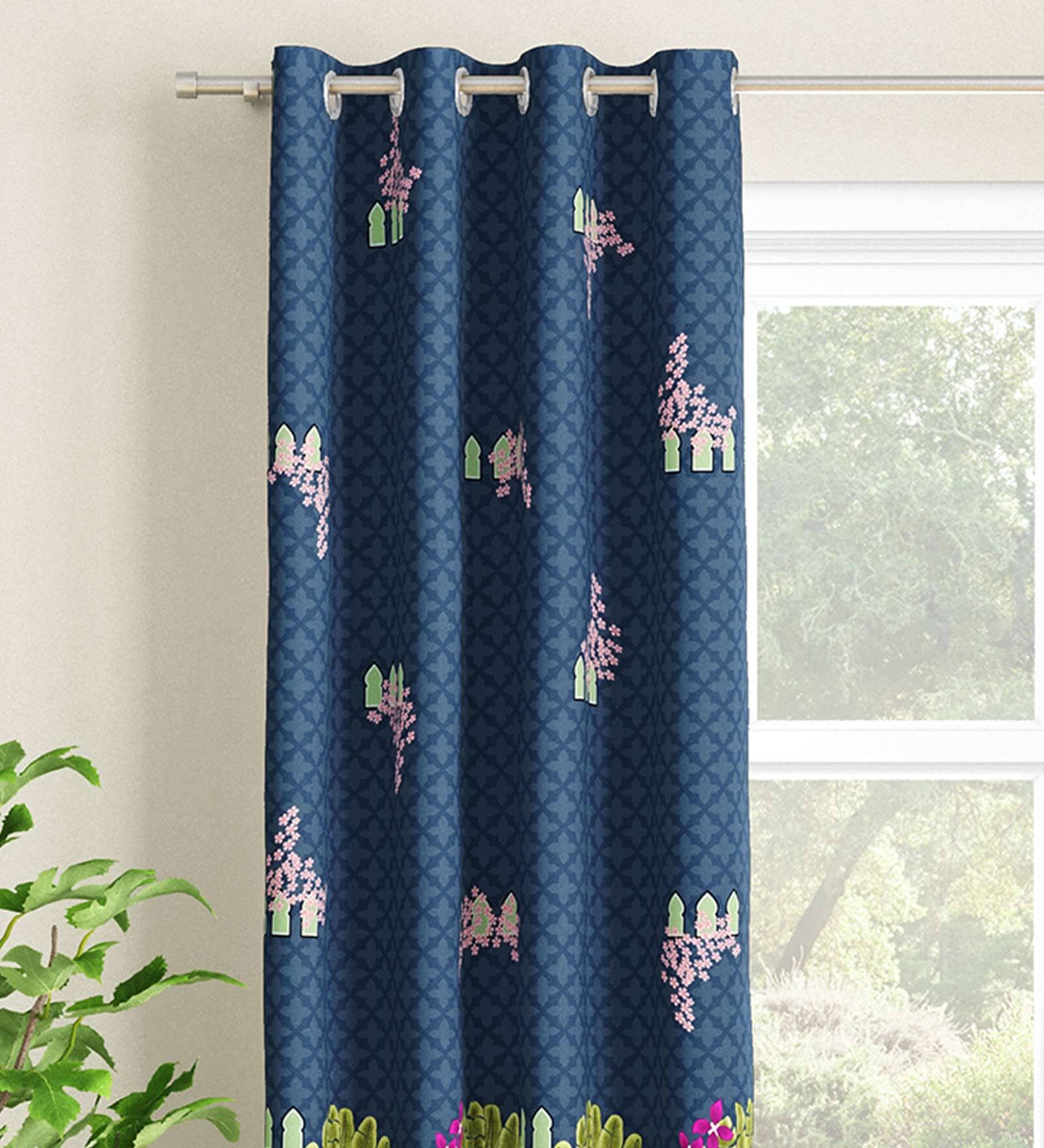 Blue Floral Polyester 7 Ft Light Filtering Eyelet Door Curtain