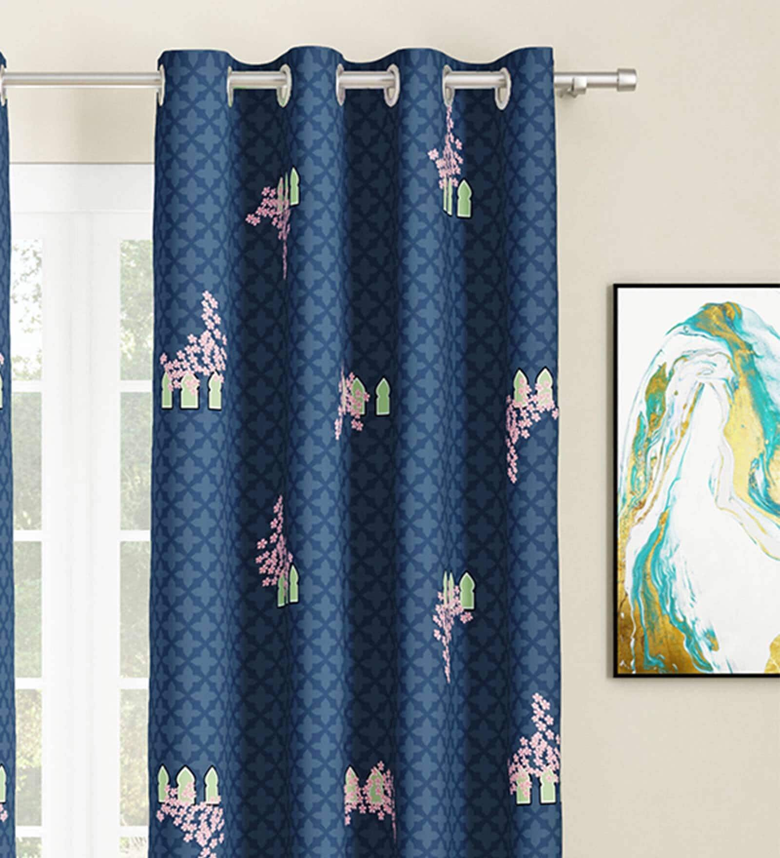 Blue Abstract Polyester 7 Ft Light Filtering Eyelet Door Curtains (Set of 2)