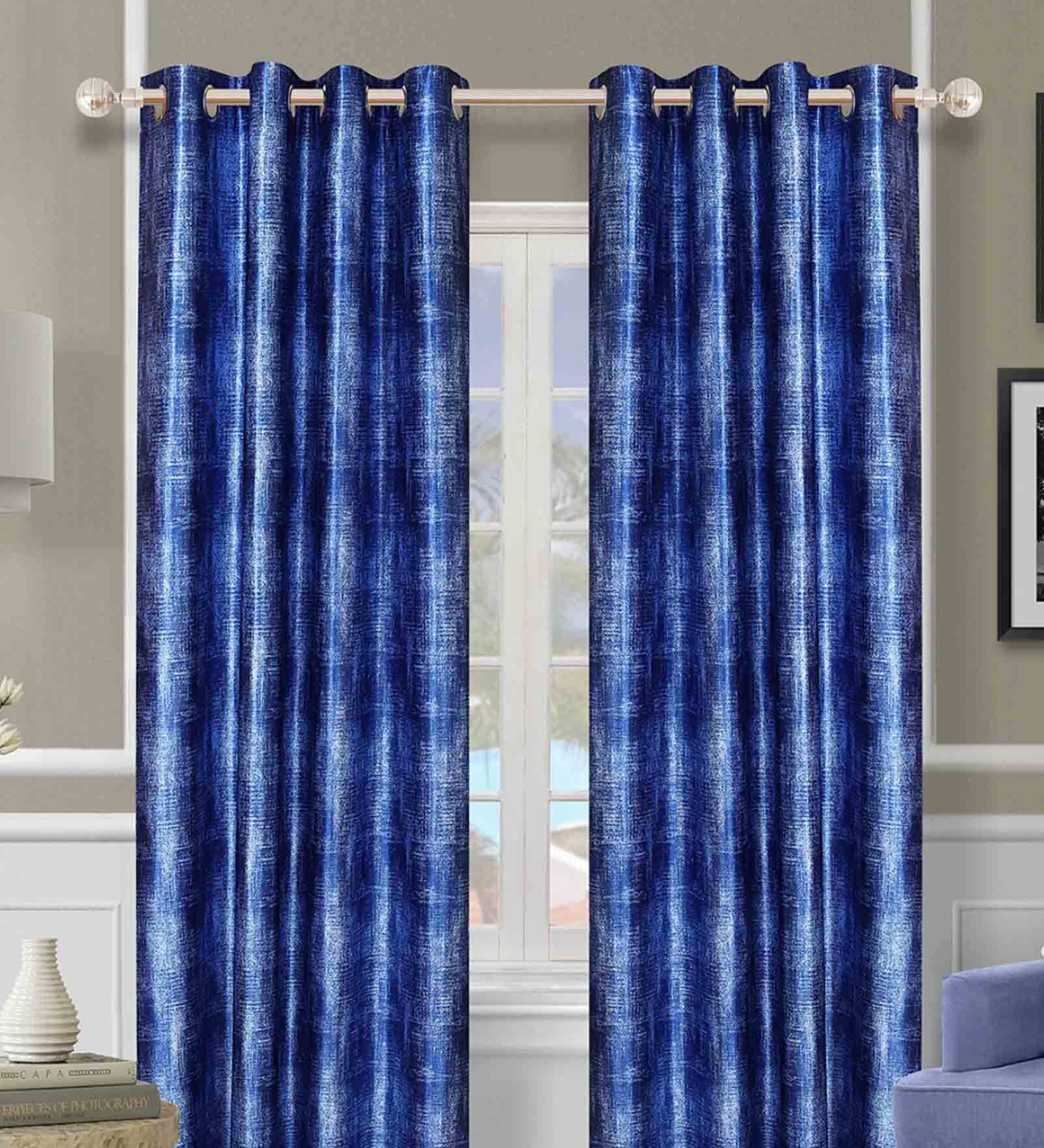 Blue Polyester Textured 7FT Light Filtering Eyelet Door Curtains (Pack of 2)