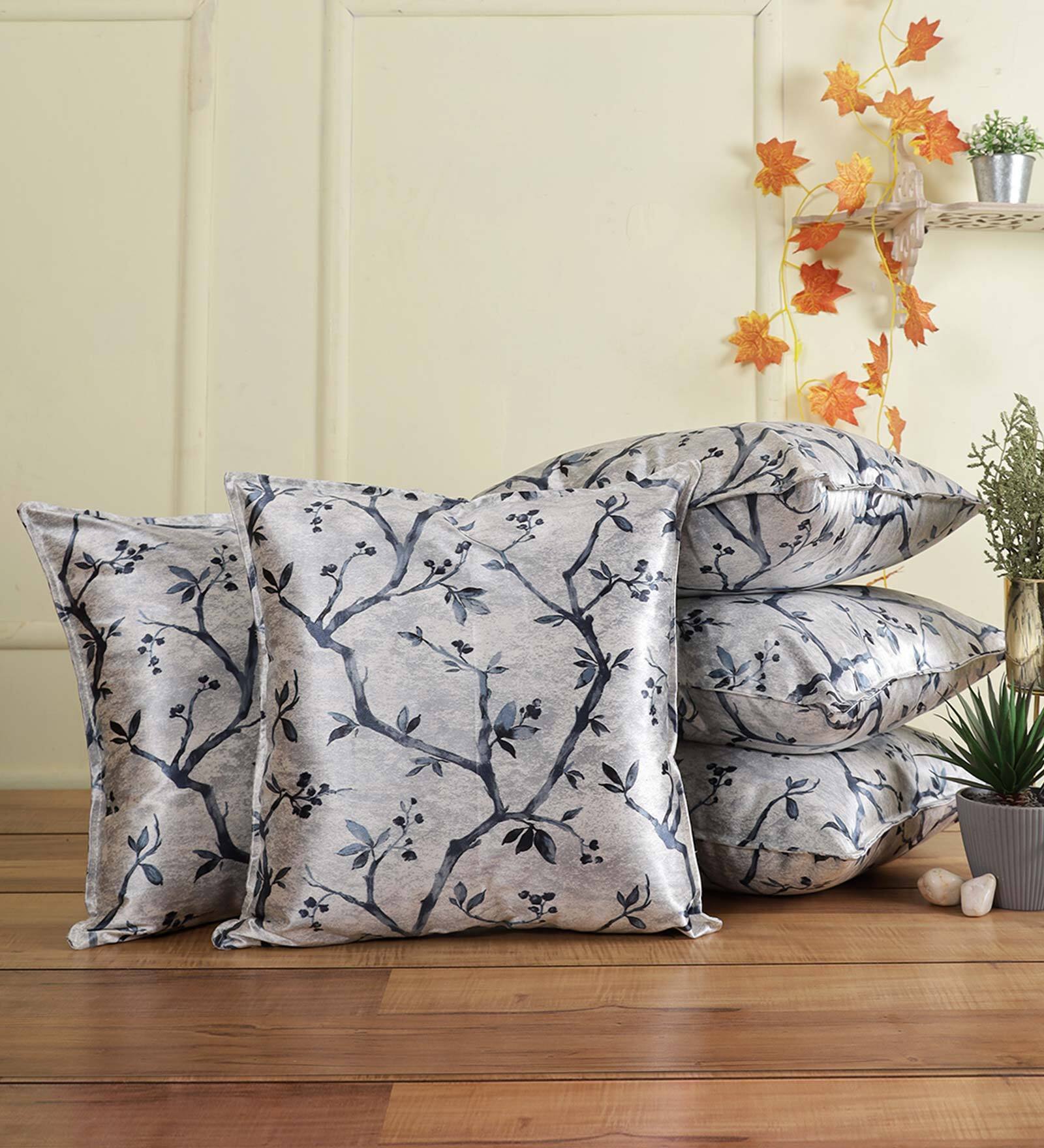 Blue Floral Polyester Blend 16 x 16 Inches Cushion Covers (Set of 5)