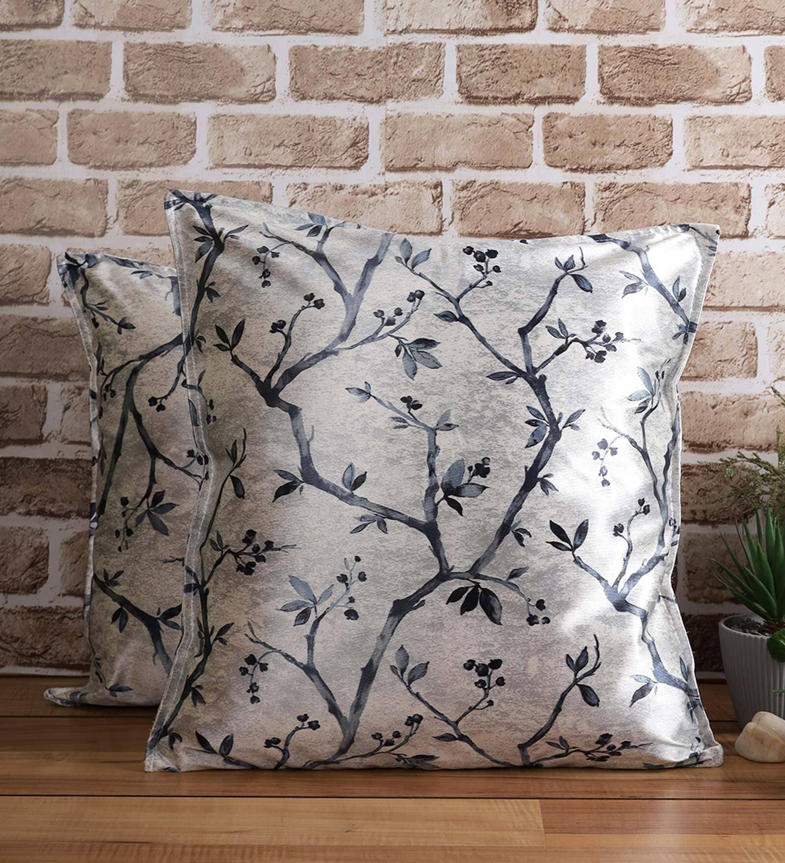 Blue Floral Polyester Blend 24 x 24 Inches Cushion Covers (Set of 2)