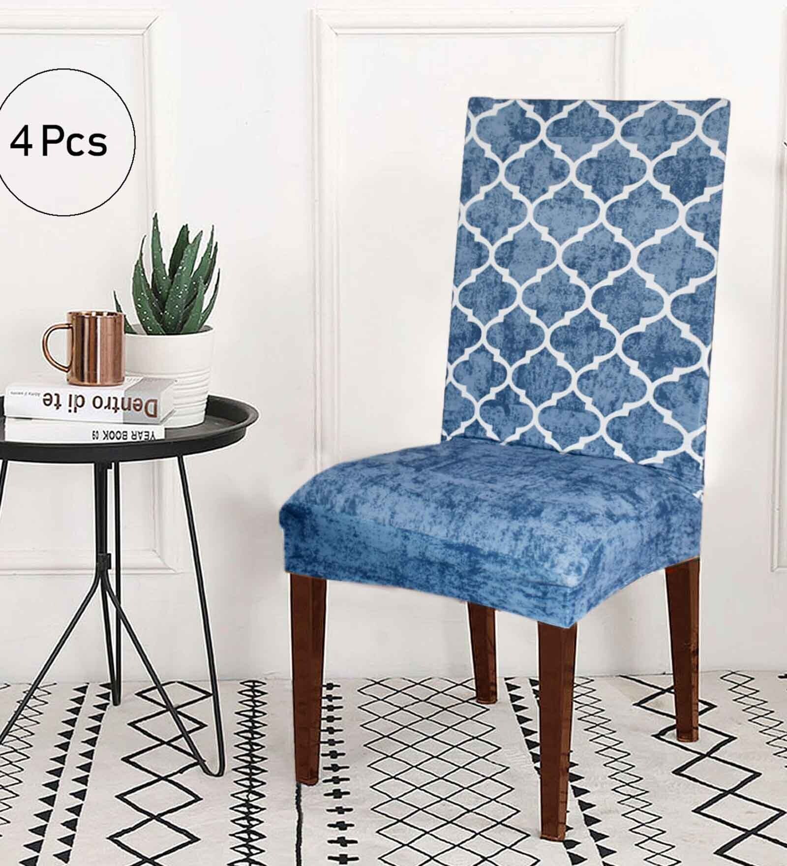 Blue Printed Polyester Blend 14x38 Inch Chair Covers (Pack of 4)