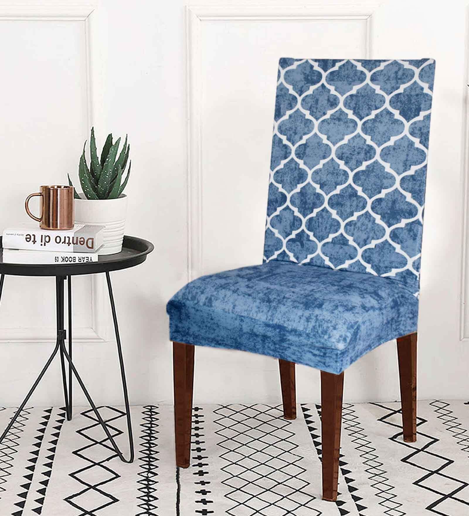 Blue Trellis Printed Polyester Blend 14x38 Inches Chair Covers (Set of 6)