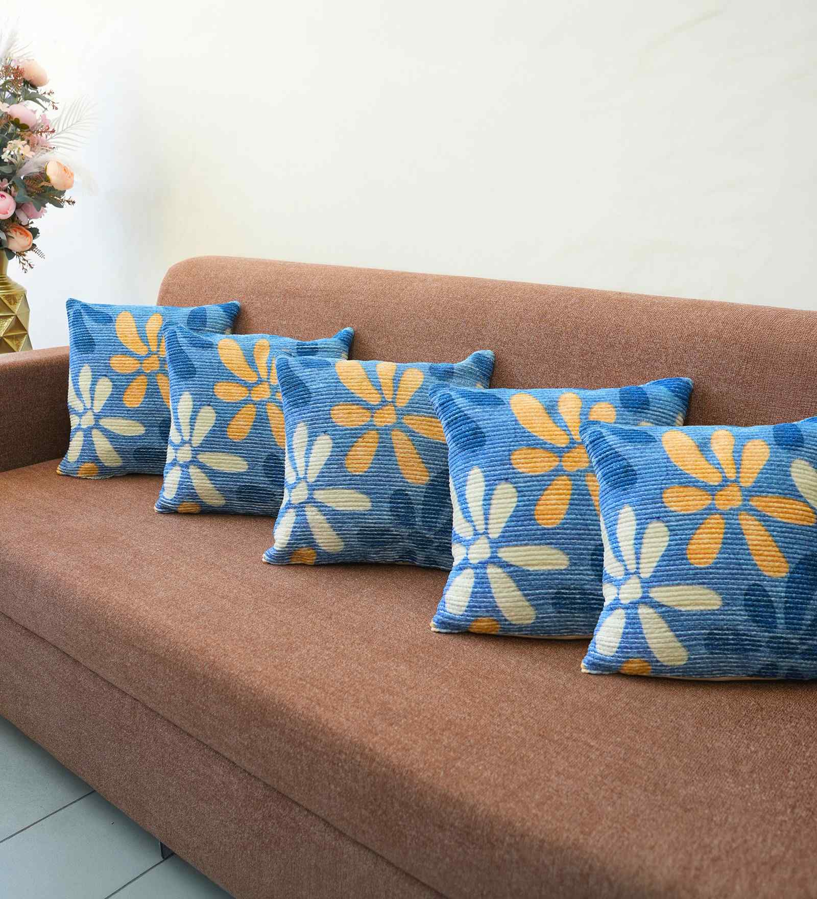 Blue Polyester Floral 16x16 inches Cushion Covers Set of 5