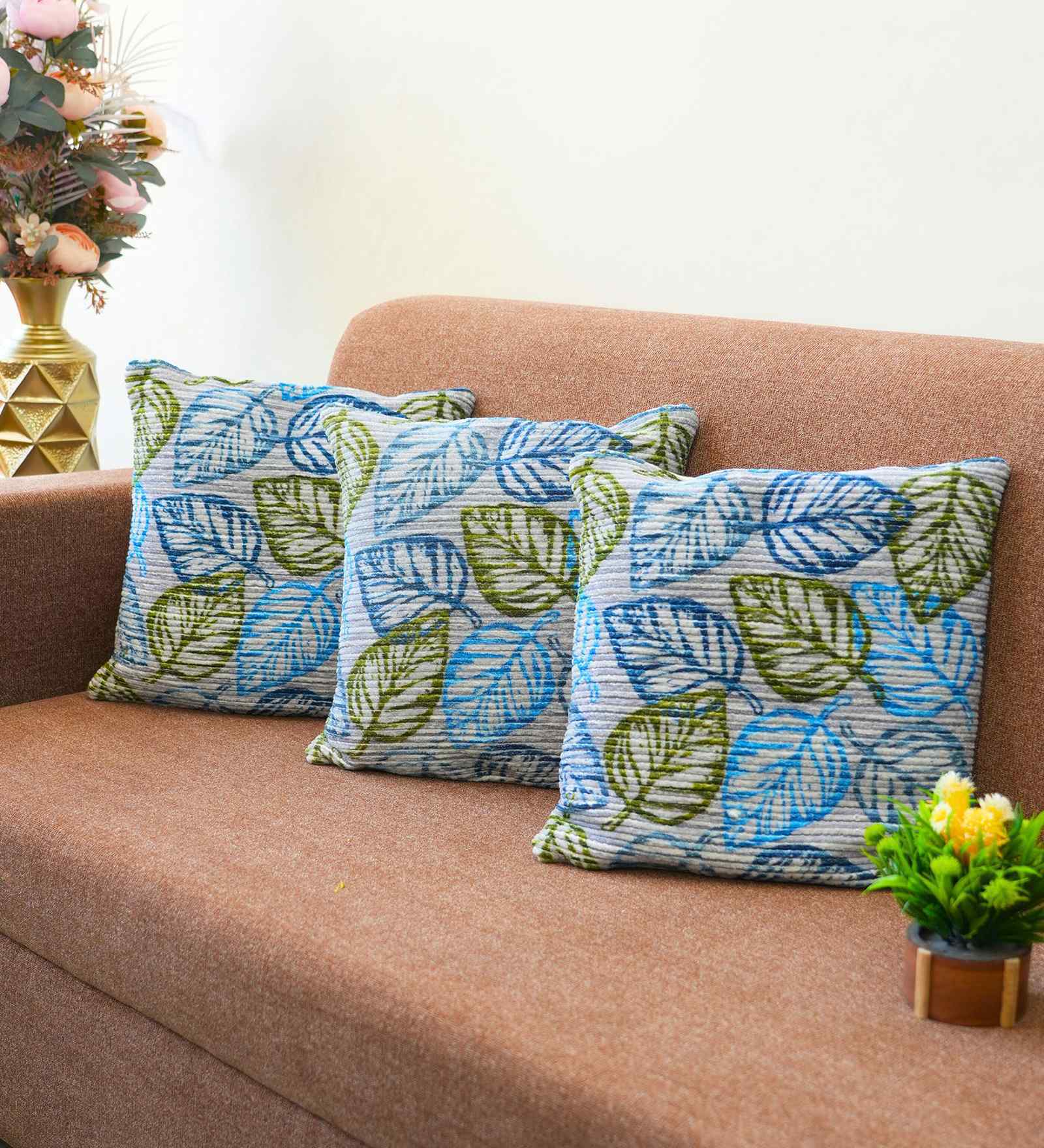Blue Polyester Floral 18x18 inches Cushion Covers Set of 3