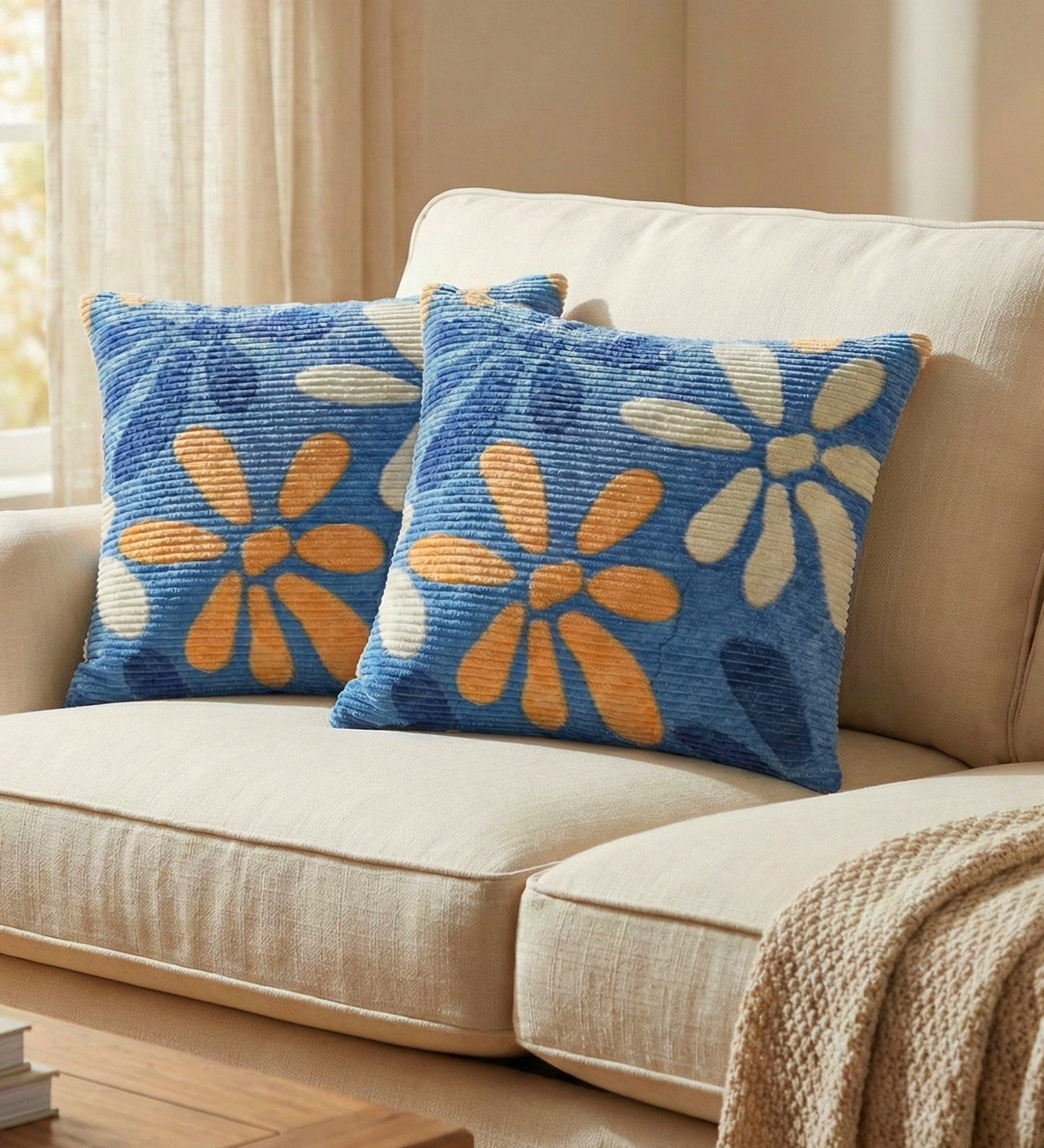 Blue Polyester Floral 20x20 inches Cushion Covers Set of 2