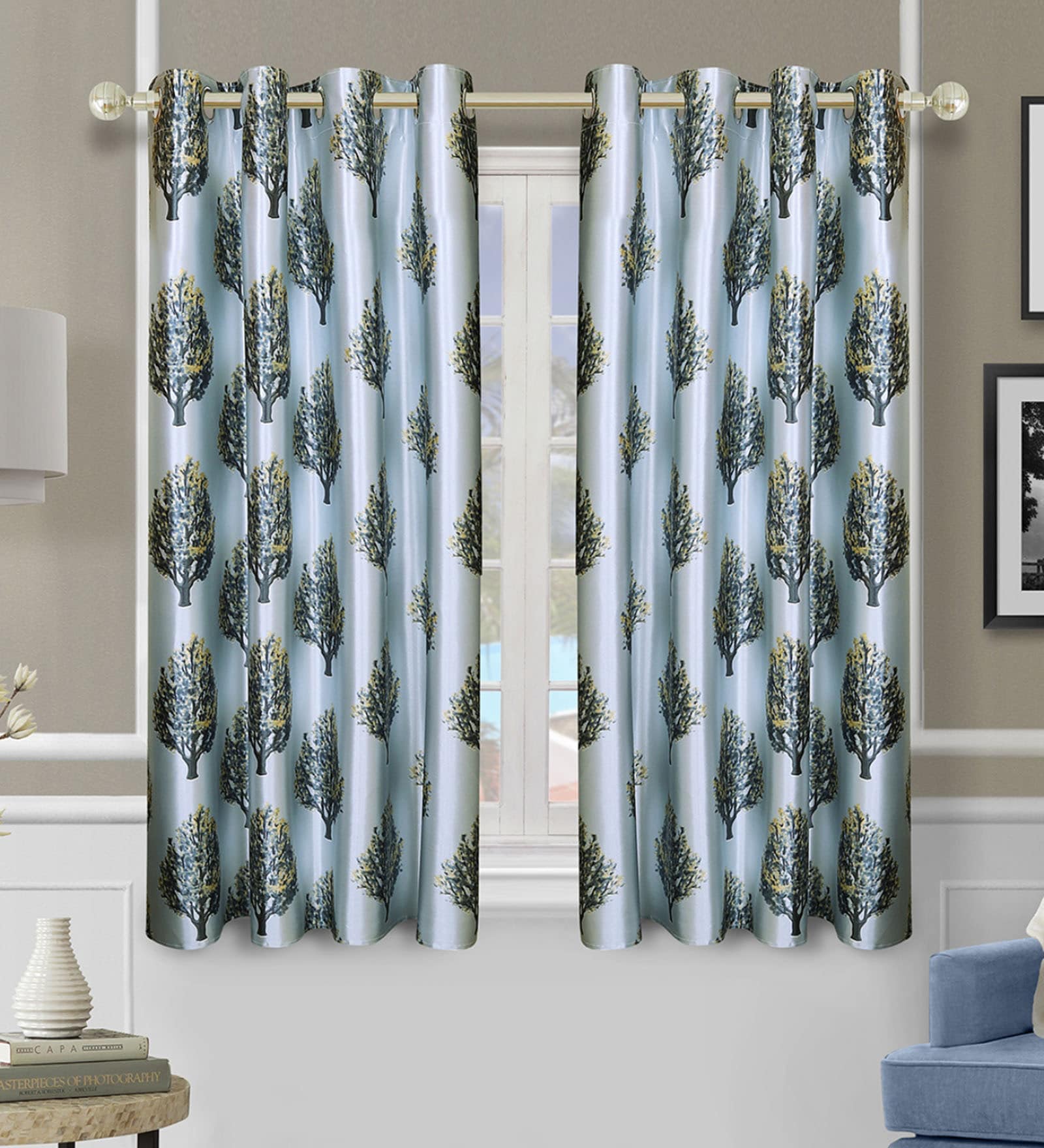 Blue Polyester Floral Light Filtering Eyelet 5 Feet Window Curtains (2 Pc)