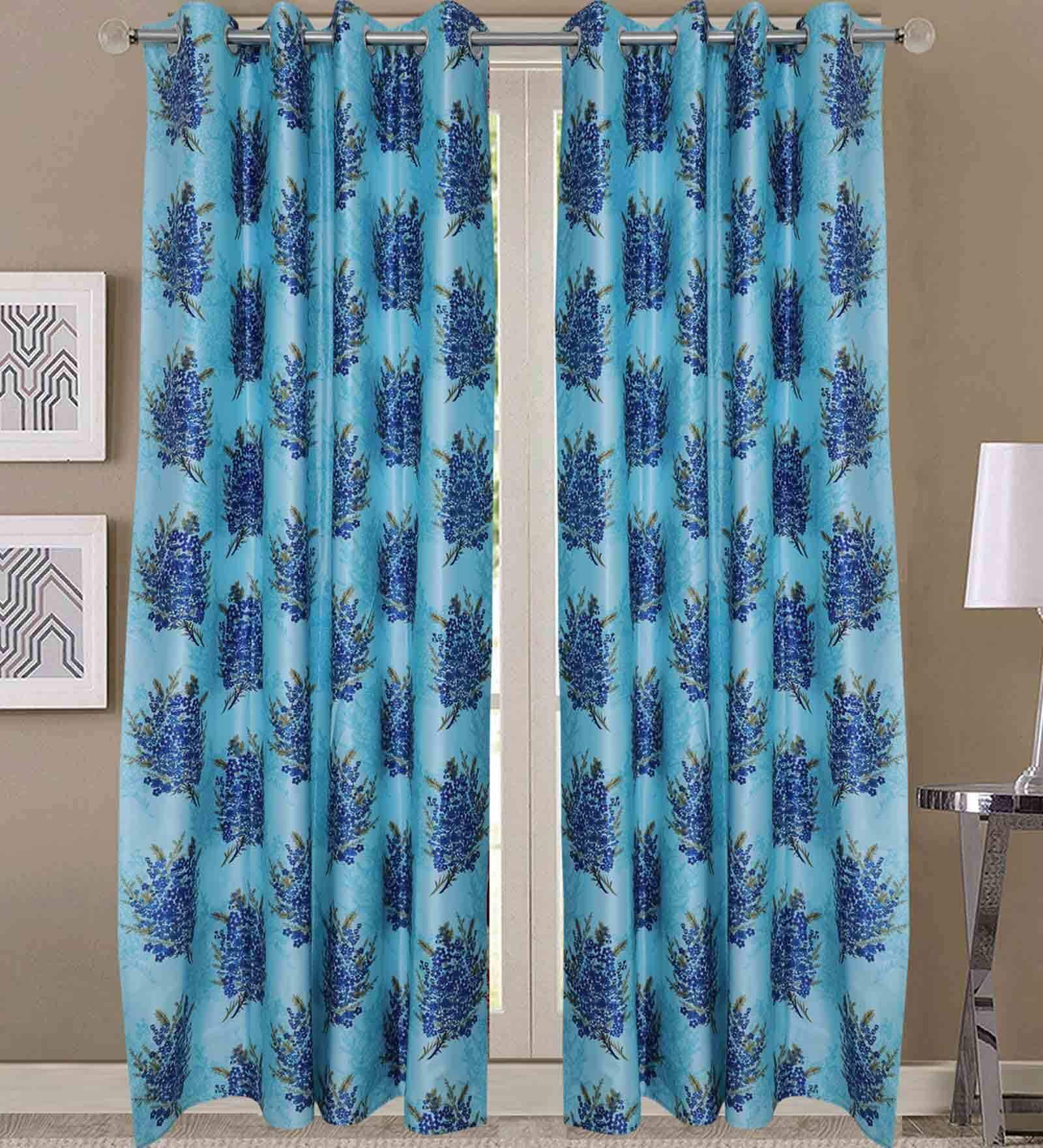 Blue Floral Polyester 5 Ft Blackout Eyelet Window Curtains (Set of 2)
