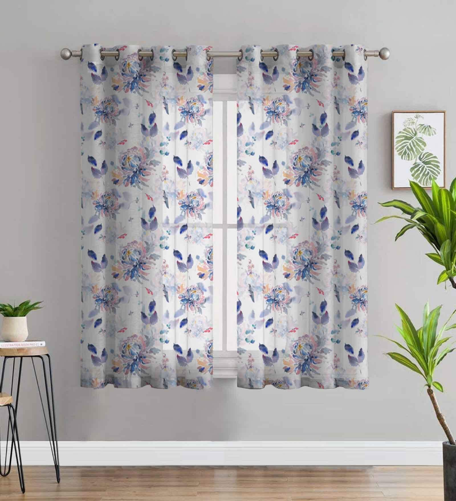 Blue Polyester Floral 5Ft Sheer Eyelet Window Curtains (Pack of 2)