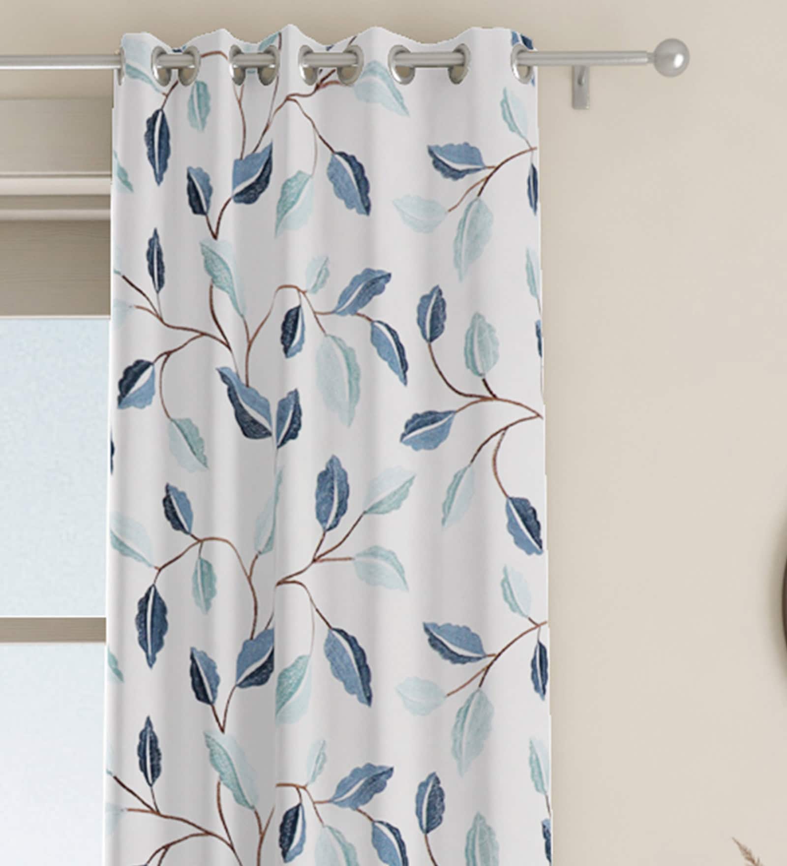 Blue Floral Polyester 7 Ft Blackout Eyelet Door Curtain