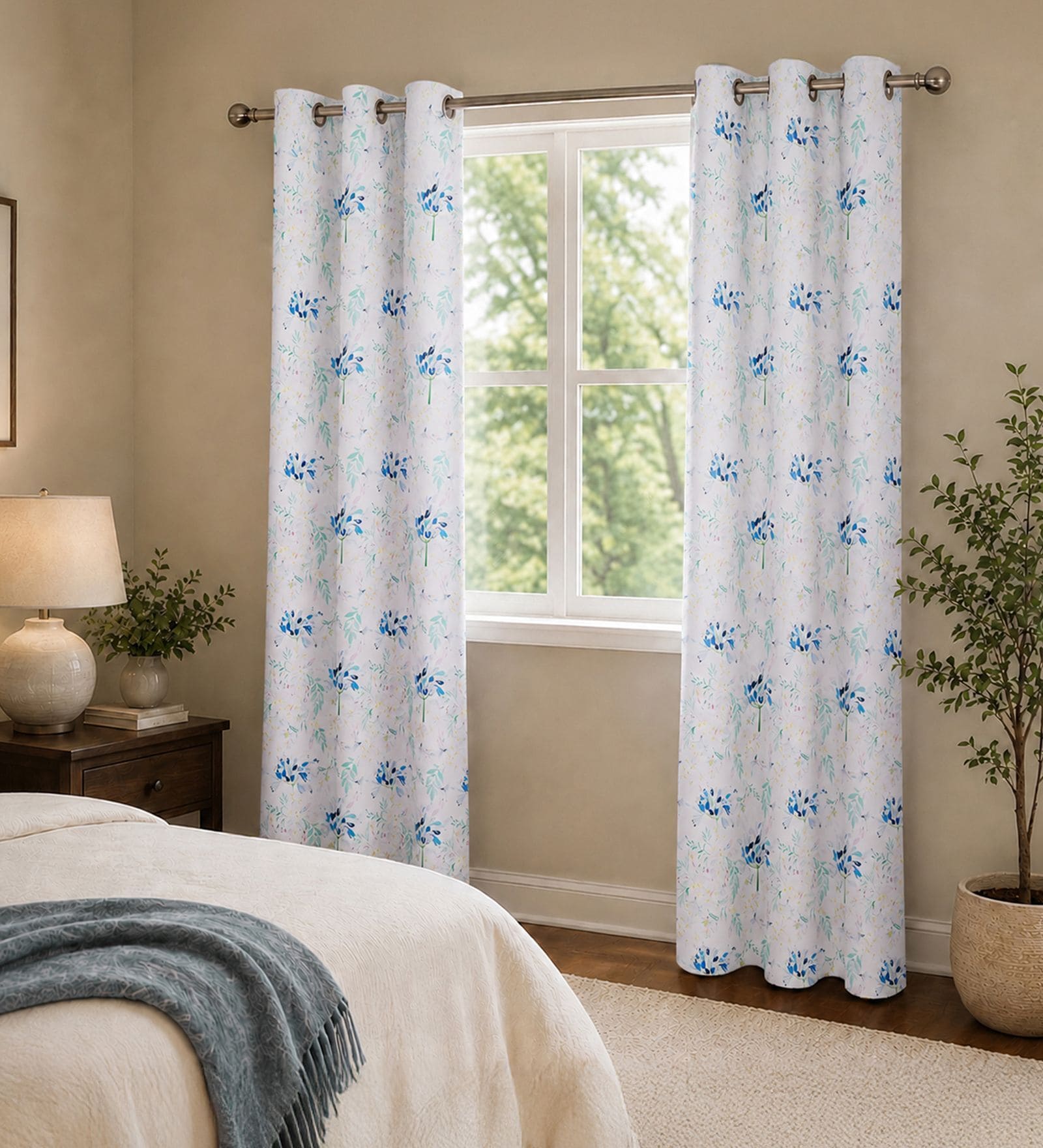 Blue Polyester Floral 7ft Room Darkening Eyelet Door Curtains (2 Pc)