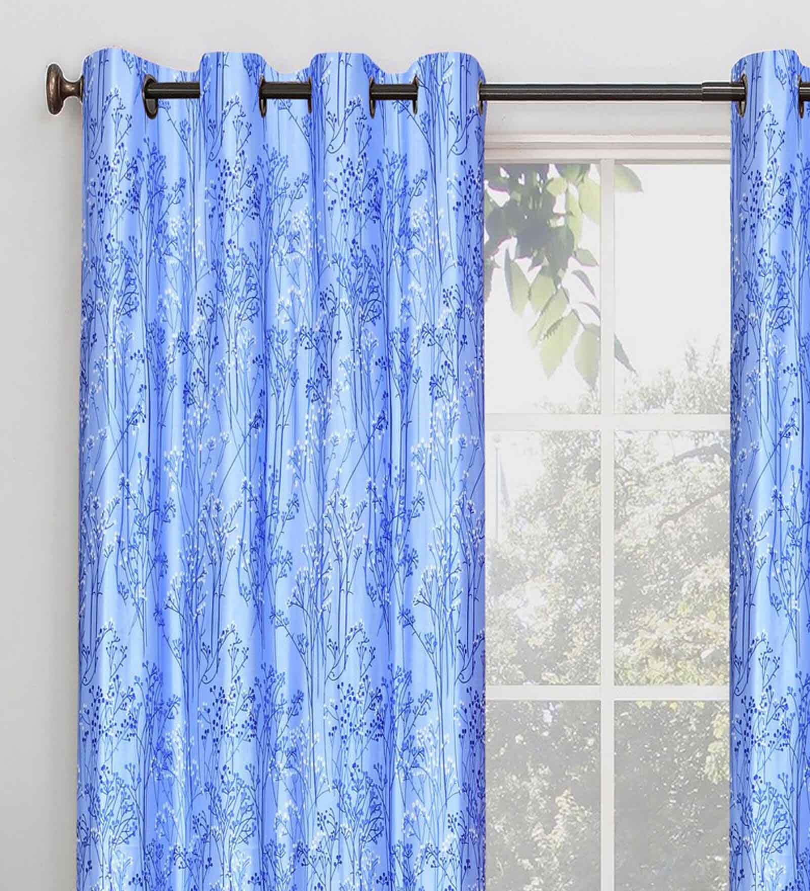 Blue Floral Polyester 8 Ft Semisheer Eyelet Door Curtains (Set of 2)