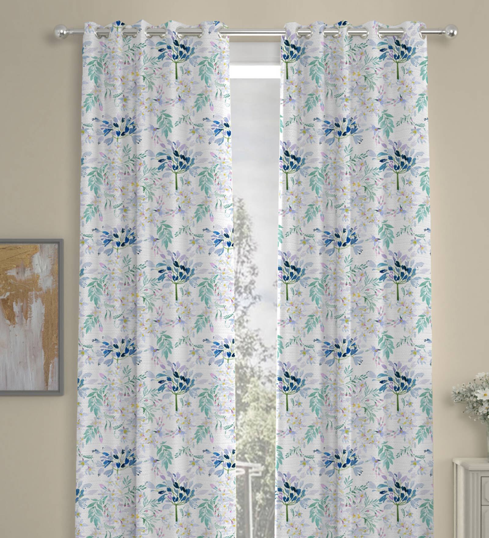 White Floral Polyester 9 Ft Semisheer Eyelet Door Curtains (Set of 2)
