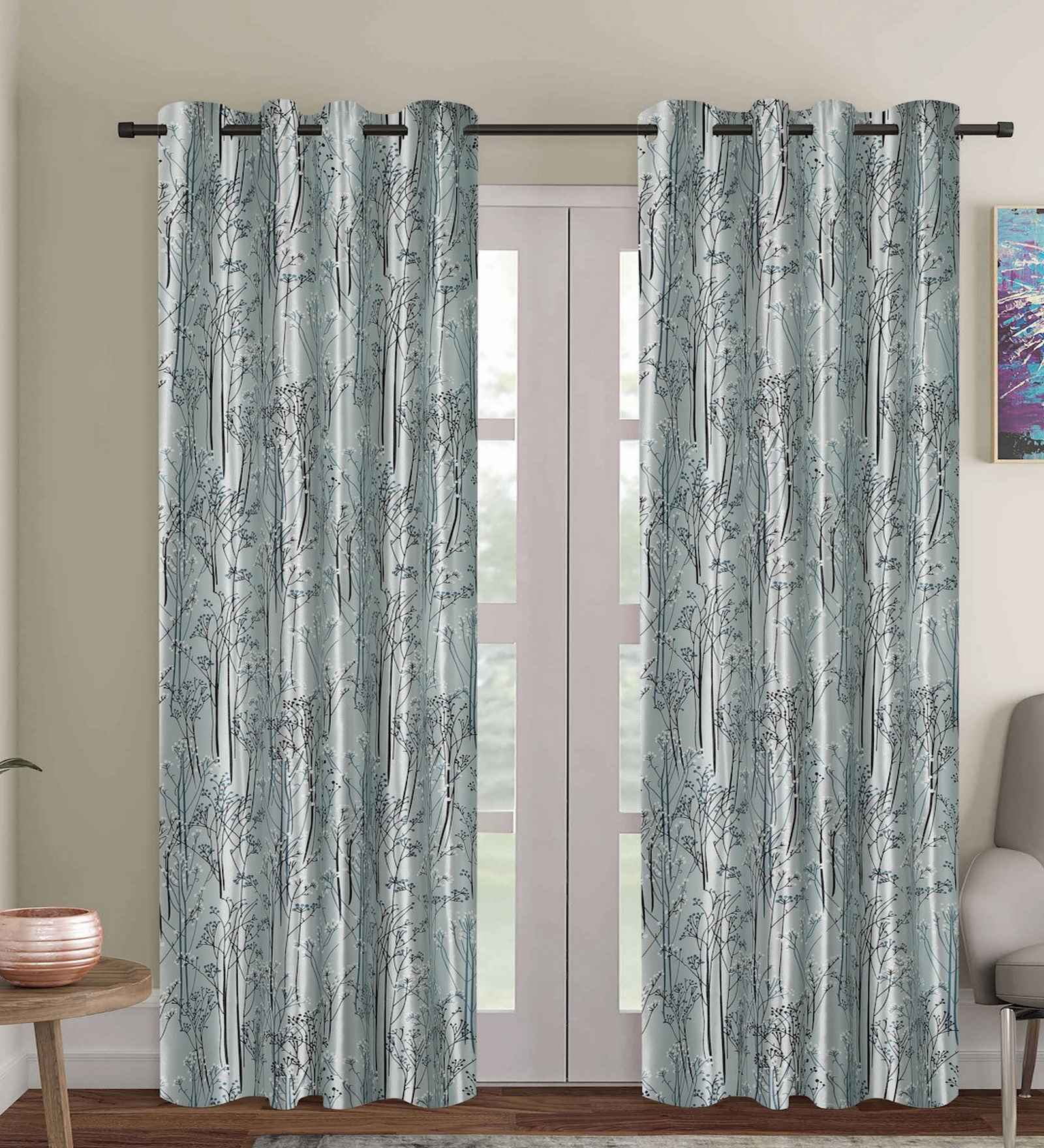 Blue Polyester Floral 9ft Blackout Eyelet Door Curtains