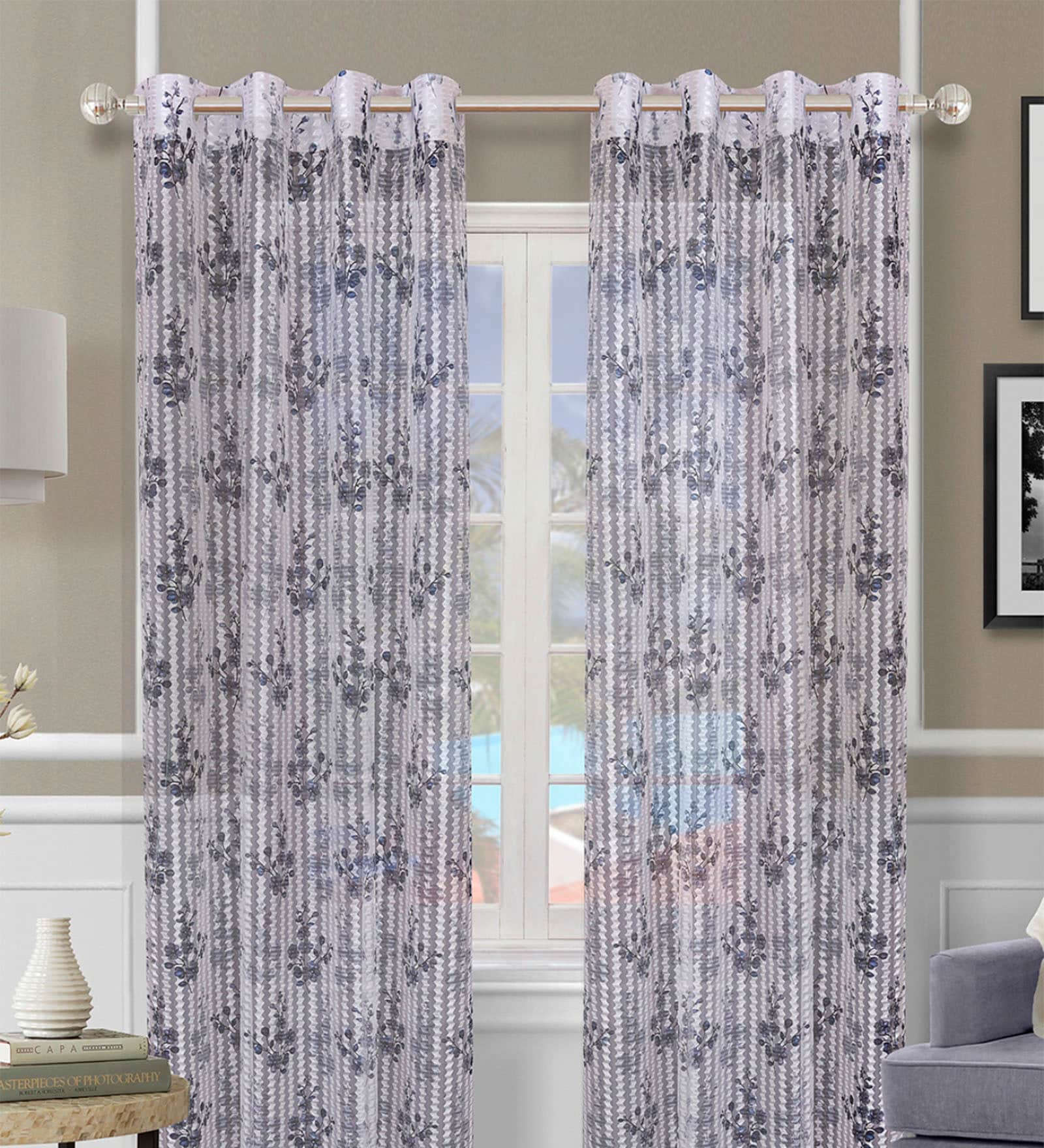 Blue Polyester Floral Light Filtering Eyelet 9 Feet Door Curtains (2 Pc)