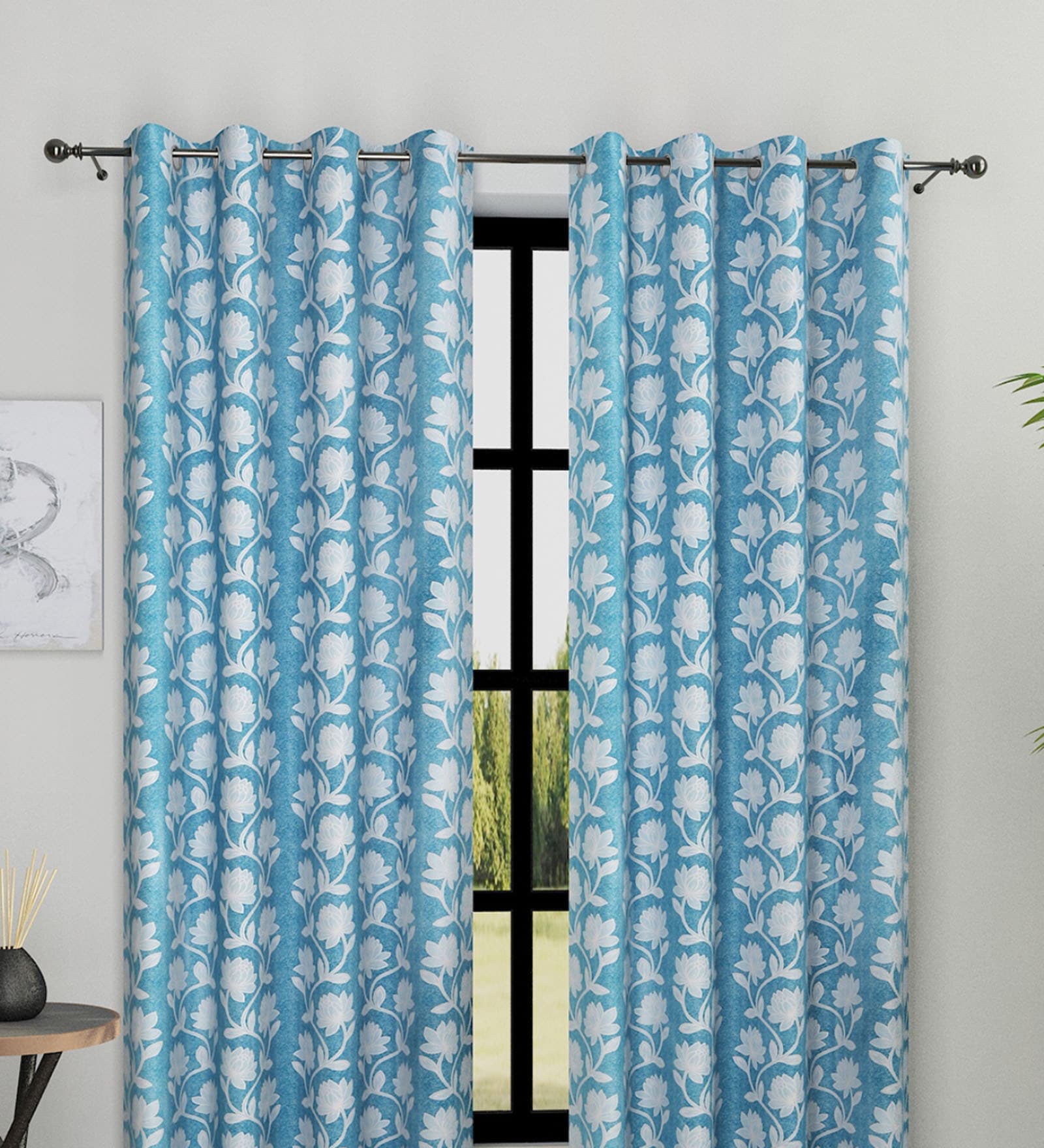 Blue Polyester Floral Light Filtering Eyelet 9 Feet Door Curtains (2 Pc)