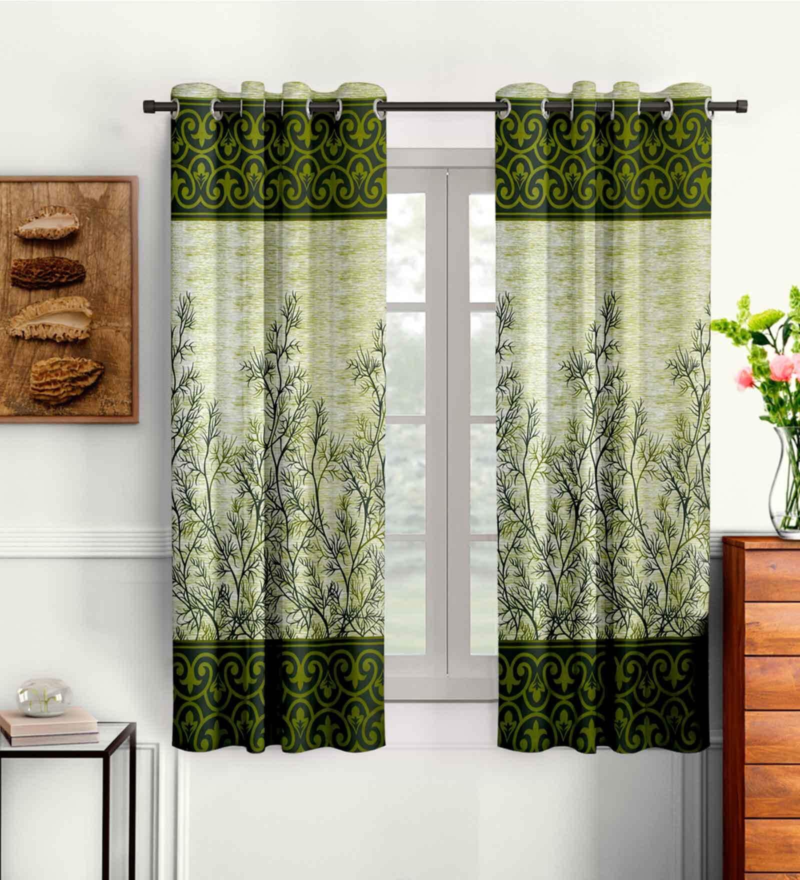 Green Floral Polyester 5 Ft Semisheer Eyelet Window Curtains (Set of 2)