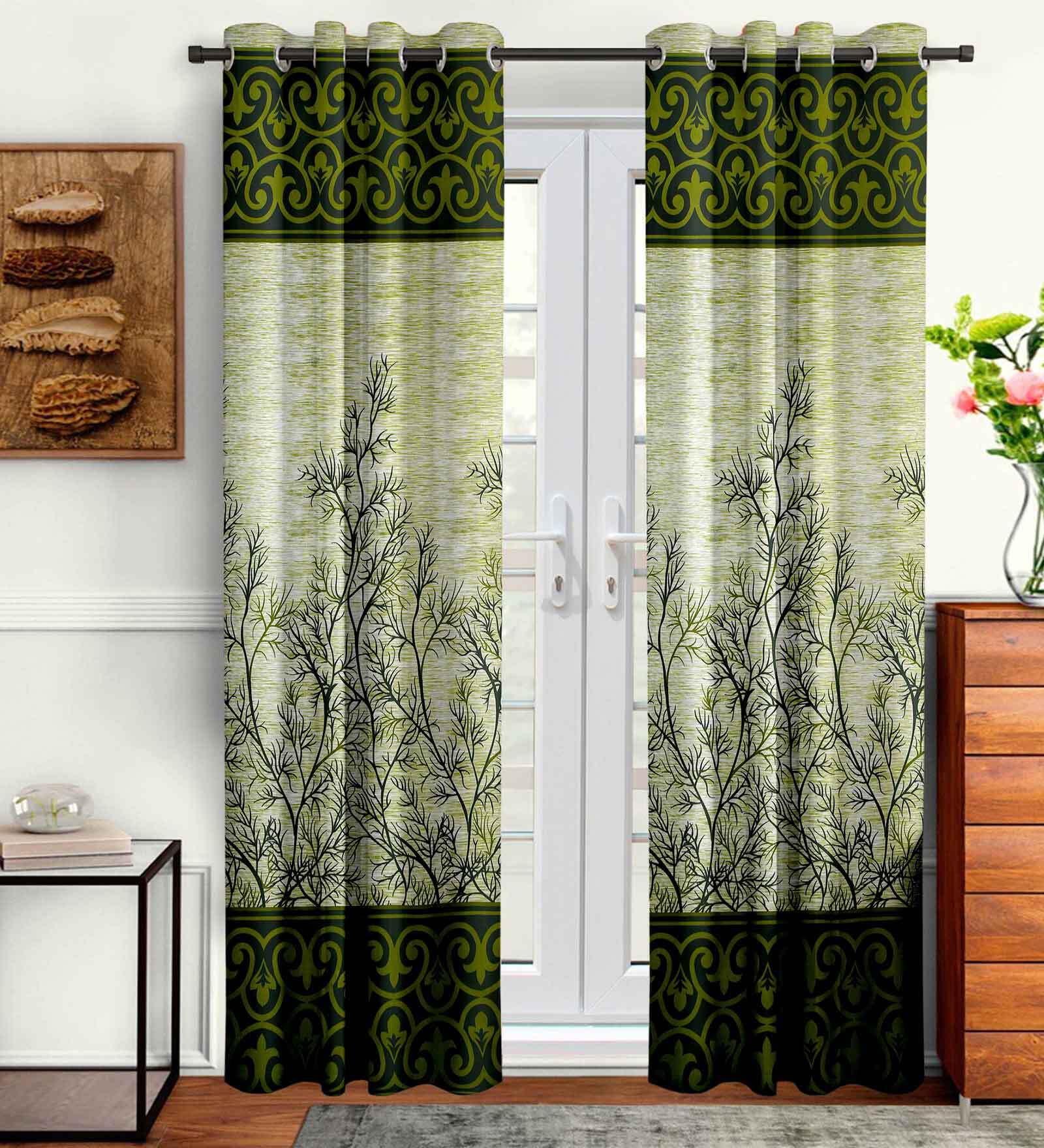Green Floral Polyester 7 Ft Semisheer Eyelet Door Curtains (Set of 2)