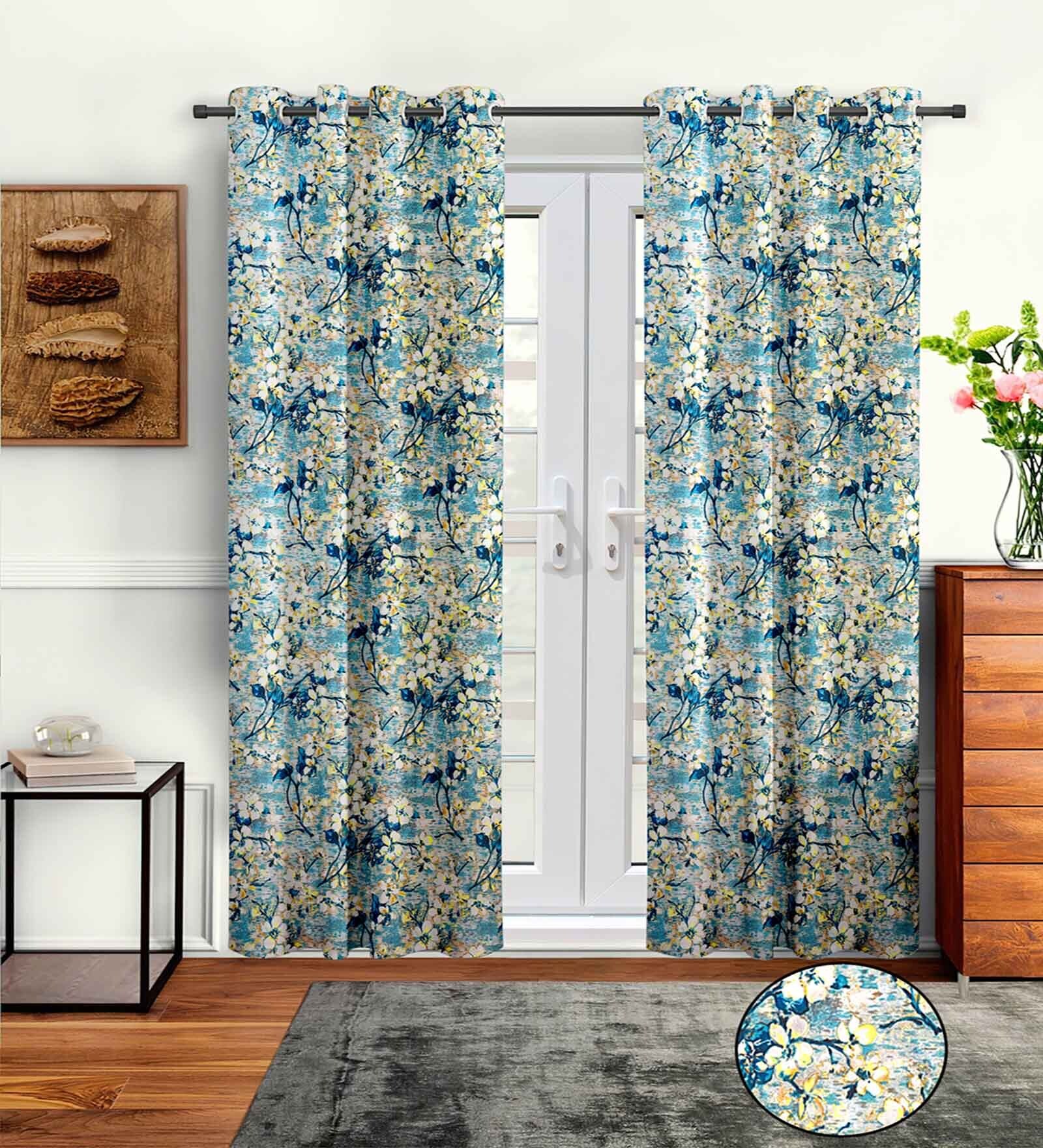 Blue Polyester Floral 9ft Semisheer Eyelet 2 Pc Long Door Curtains