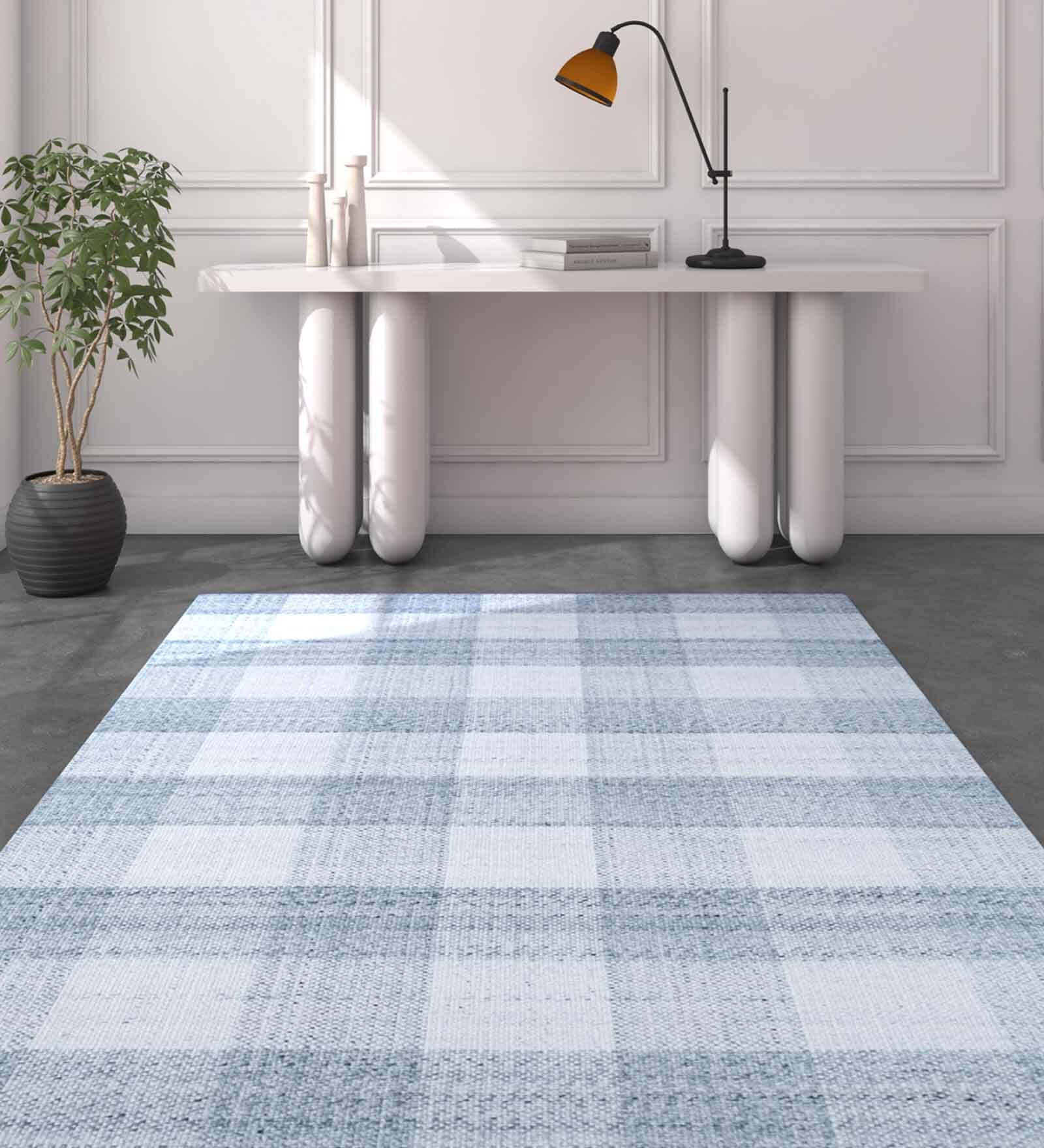 Blue Polyester Geometric 108 x 144 Inches Flat Weaves Dhurries