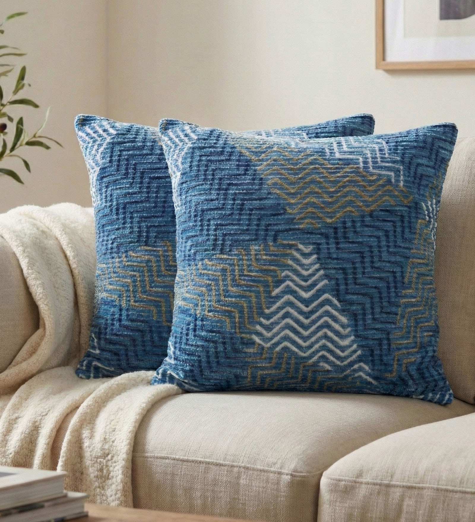 Blue Polyester Geometric 16x16 inches Cushion Covers Set of 2