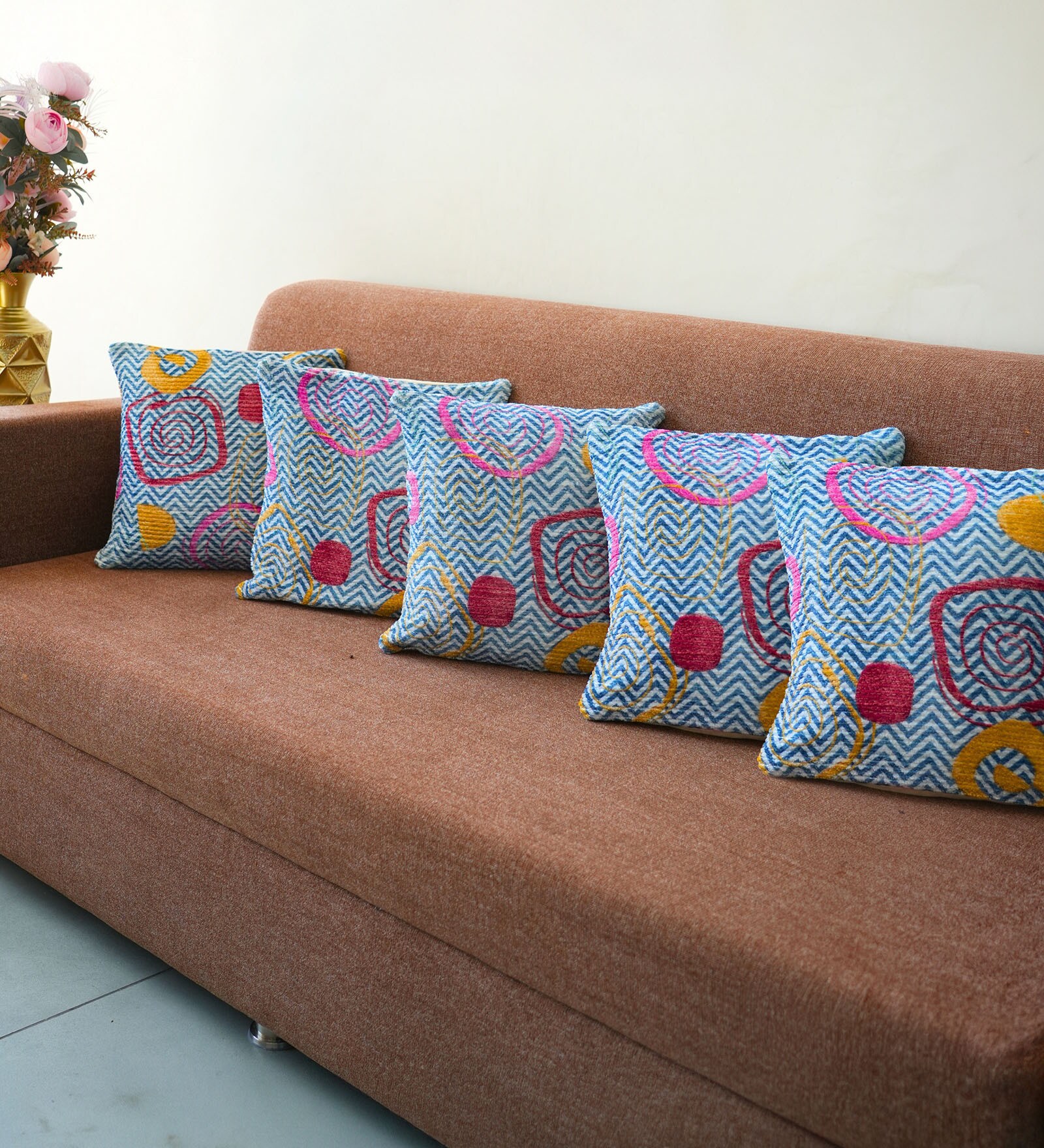 Blue Polyester Geometric 18x18 inches Cushion Covers Set of 5